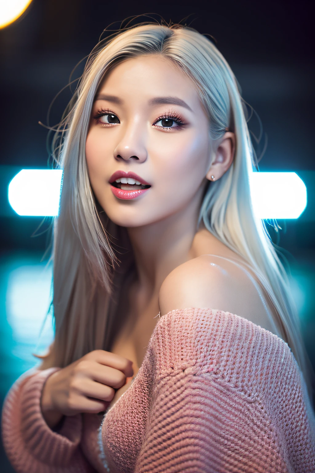 (8k, RAW photos, highest quality, high resolution:1.1), (hyperrealistic:1.4),(realistic, photorealistic:1.3), soft light,girl,realistic face,realistic body,realistic skin,absurdity,masterpiece,(cute:1.8),(big:1.2),sexual expression,blusher,off-shoulder knit,cleavage,film grain,cherry colored lips,wet hair, closeup,looking viewer,long hair,full body,upper teeth, depth of field, blurry background,eye focus,young,85mm lens,f/1.4,professional lighting,portrait,photon mapping,physically based rendering,tattoo,embarrassing,transparency,silver blonde hair,