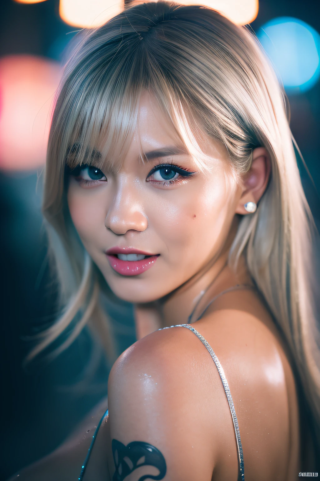 (8k, RAW photos, highest quality, high resolution:1.1), (hyperrealistic:1.4),(realistic, photorealistic:1.3), soft light,girl,realistic face,realistic body,realistic skin,absurdity,masterpiece,(cute:1.8),(big:1.2),sexual expression,blusher,off-shoulder knit,cleavage,film grain,cherry colored lips,wet hair, closeup,looking viewer,long hair,full body,upper teeth, depth of field, blurry background,eye focus,young,85mm lens,f/1.4,professional lighting,portrait,photon mapping,physically based rendering,tattoo,embarrassing,transparency,silver blonde hair,