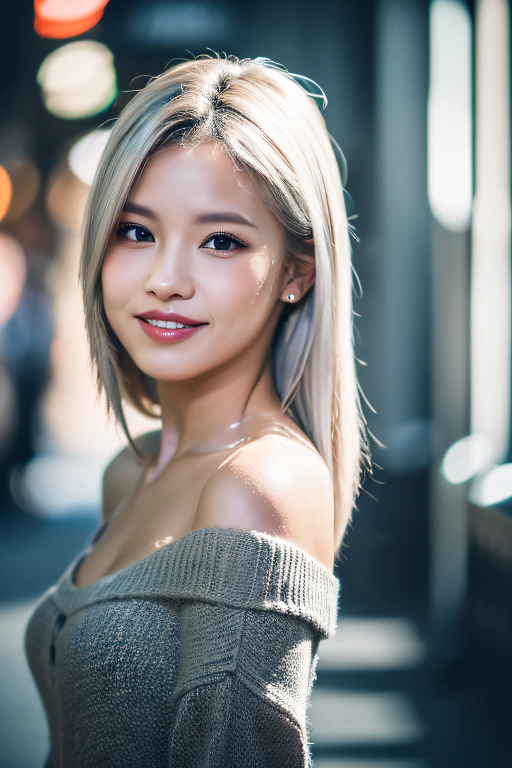 (8k, RAW photos, highest quality, high resolution:1.1), (hyperrealistic:1.4),(realistic, photorealistic:1.3), soft light,girl,realistic face,realistic body,realistic skin,absurdity,masterpiece,(cute:1.8),(big:1.2),sexual expression,blusher,off-shoulder knit,cleavage,film grain,cherry colored lips,wet hair, closeup,looking viewer,long hair,full body,upper teeth, depth of field, blurry background,eye focus,young,85mm lens,f/1.4,professional lighting,portrait,photon mapping,physically based rendering,tattoo,embarrassing,transparency,silver blonde hair,