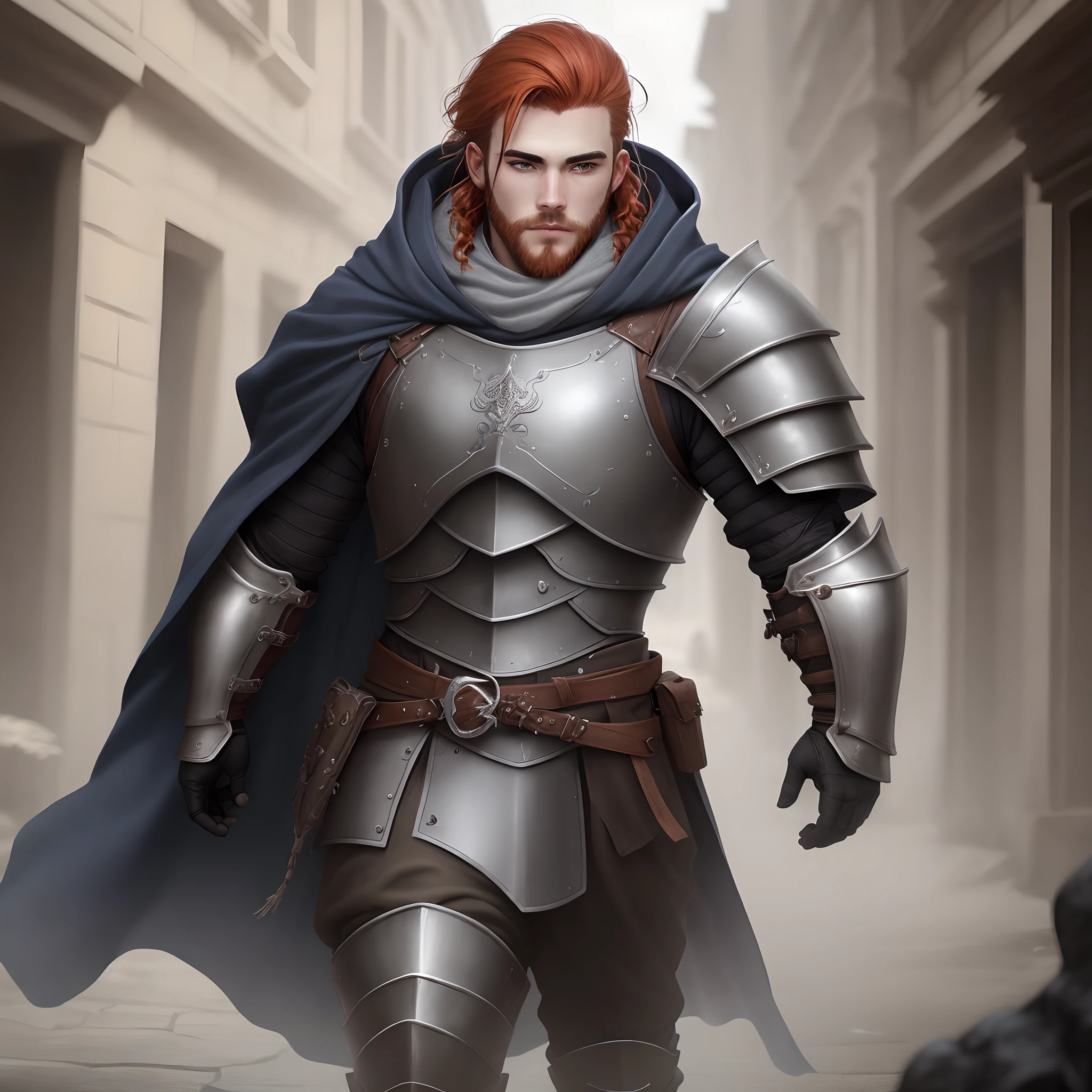Un hombre con cabello corto de color jengibre, cabello realista, cara realista, sin afeitado, ojos grises, con una armadura de placa completa, capa gris, capa, Estilo DND, horror \(tema\),(skindentation:1.5), realista, fotorrealista, (Obra maestra:1.5), Arte conceptual, Detalles intrincados, Altamente detallado, fotorrealista, Renderizado de octanaje, 8k, Motor irreal, dynamic pose, Hombre con barba de pocos dias, Bokeh, 4k, Gothic, hombre, particuls, armadura gris oscuro, grey eyes, grey cloak, heavy plate armor. Male, redhead, young, full armor, cloak, grey cloak. Dungeons and dragons, barba roja corta. Armadura gastada. Tricornio, sombrero tricornio