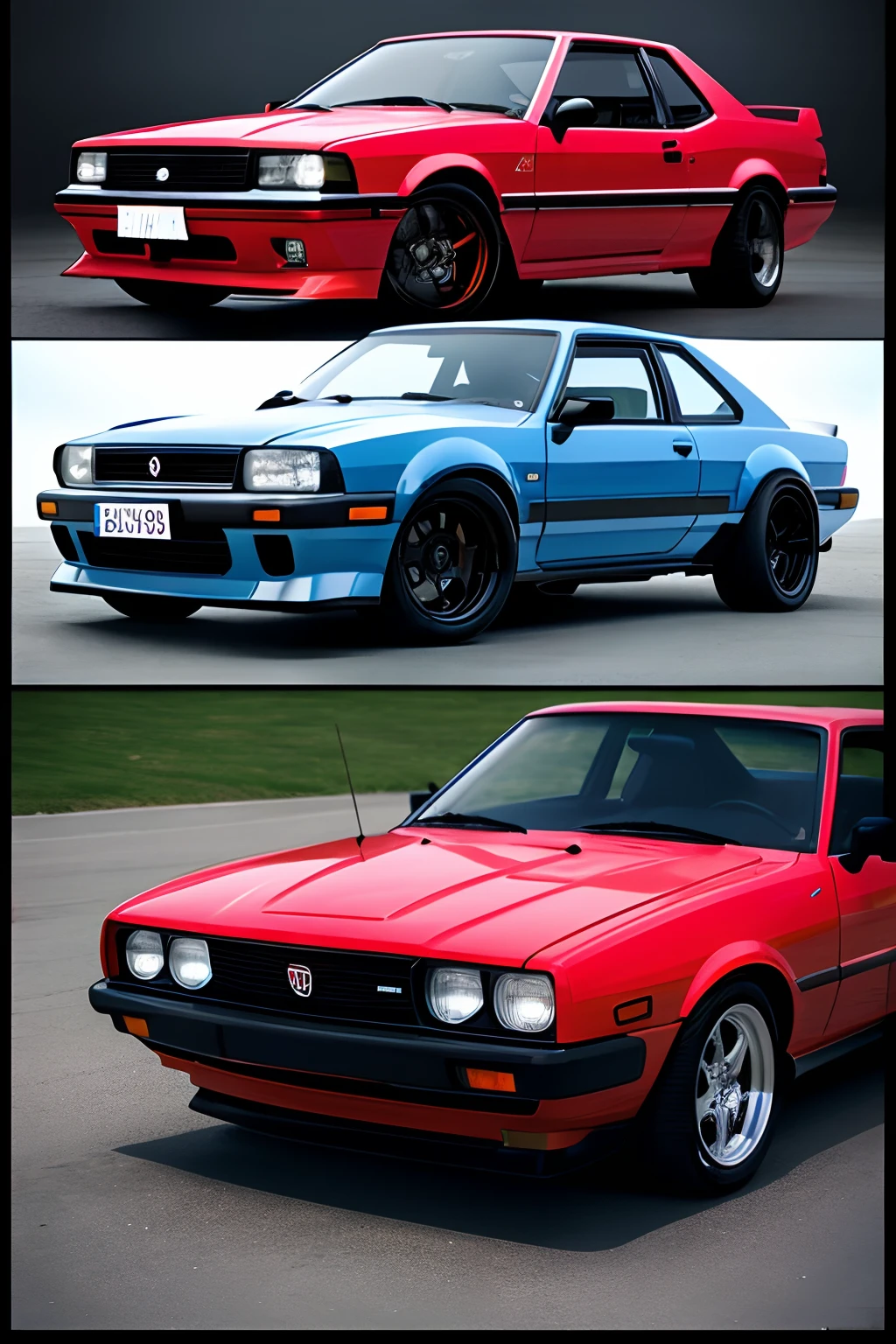 Red car with black rim and black hood, realistic car, AE 8 6, detaileds, 2 k, 2 k, highly rendered!!, wrx golf, full car, Red sports cars of the 2000s, Wide Body, front side full, A hyper-realistic", A hyper-realistic", Remodeled, Highly detailed hyperreal， 1 0 8 0 s, GlowingRunesAI_Purple