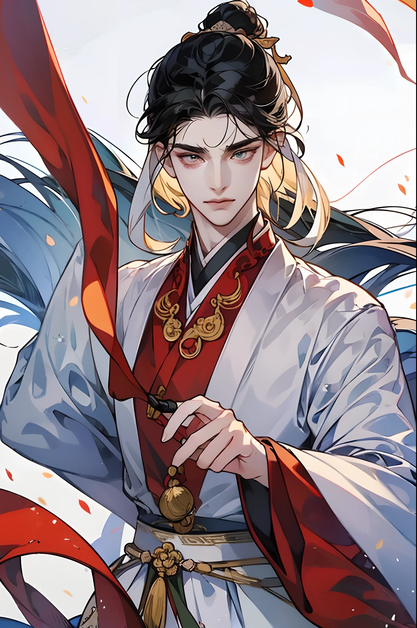 (masterpiece), best quality, expressive eyes, perfect face, 1boy, gorgeous, gufeng, xuanduan, chinese scholar, ancient china, hanfu, sharp jawline, handsome, smooth face, best hands, pale skin, modern, tall, slender, neutral colored clothes, zoomed in, focused, HD wallpaper quality, (big eyes), detailed eyes, detail, more detail, pretty, eyelashes