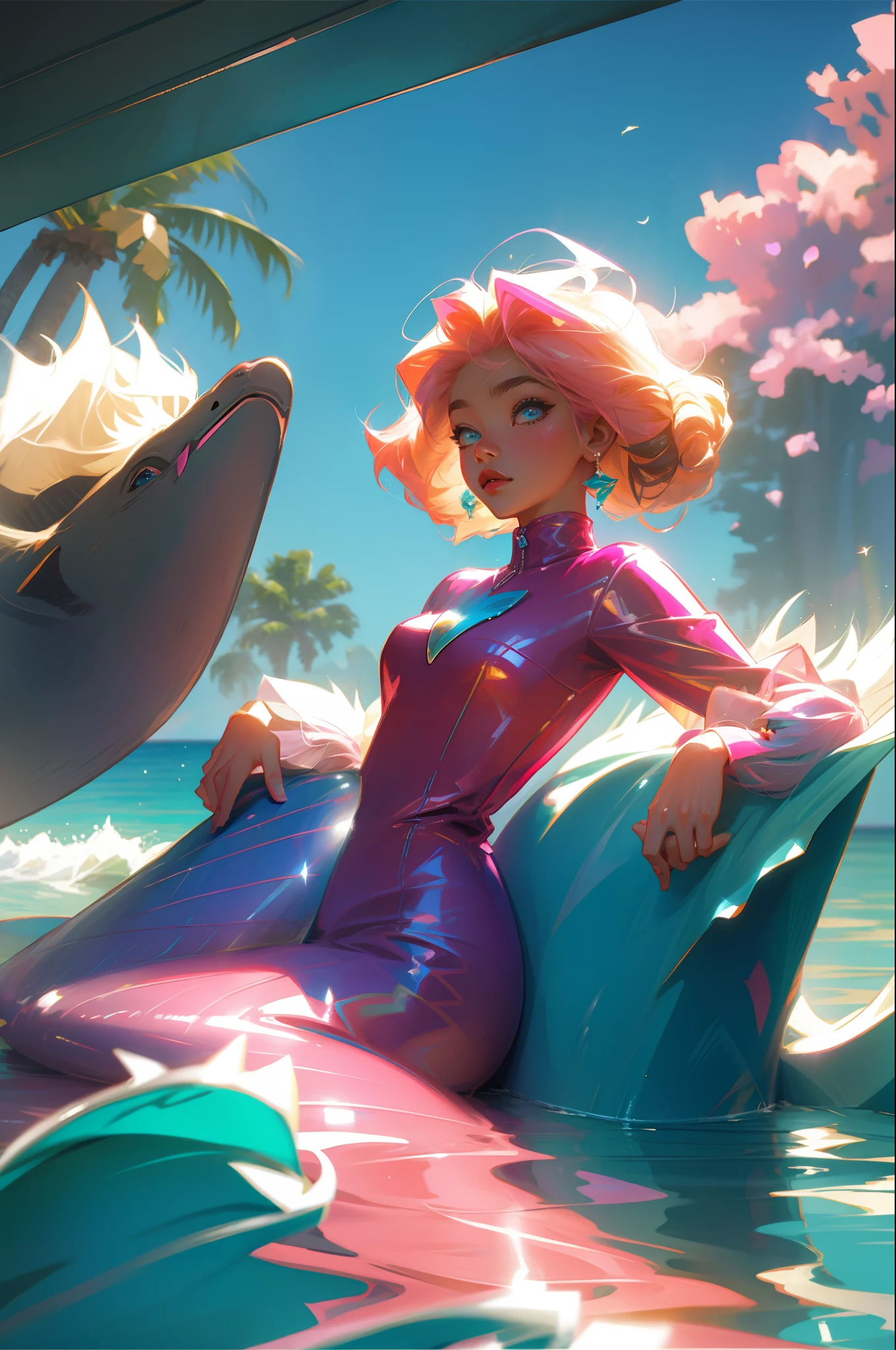 80s anime style mermaid with blonde and pink hair and a dolphin in the background