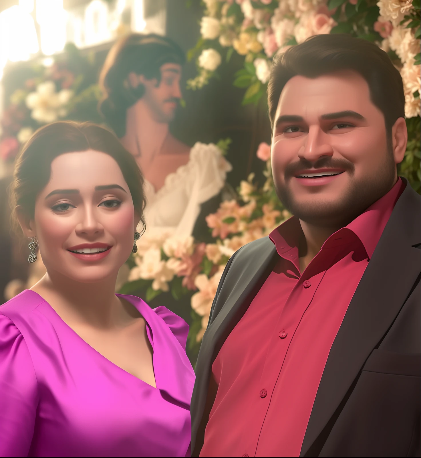 There's a man and a woman together in front of a wall of flowers, imagem de perfil, foto do perfil, taken in the early 2020s, foto de perfil, Retrato de duas pessoas, foto de perfil, medium details, Fotografia tirada em 2 0 2 0, usando um tux rosa, foto de perfil 1024px, tiradas em 2022, imagem do avatar