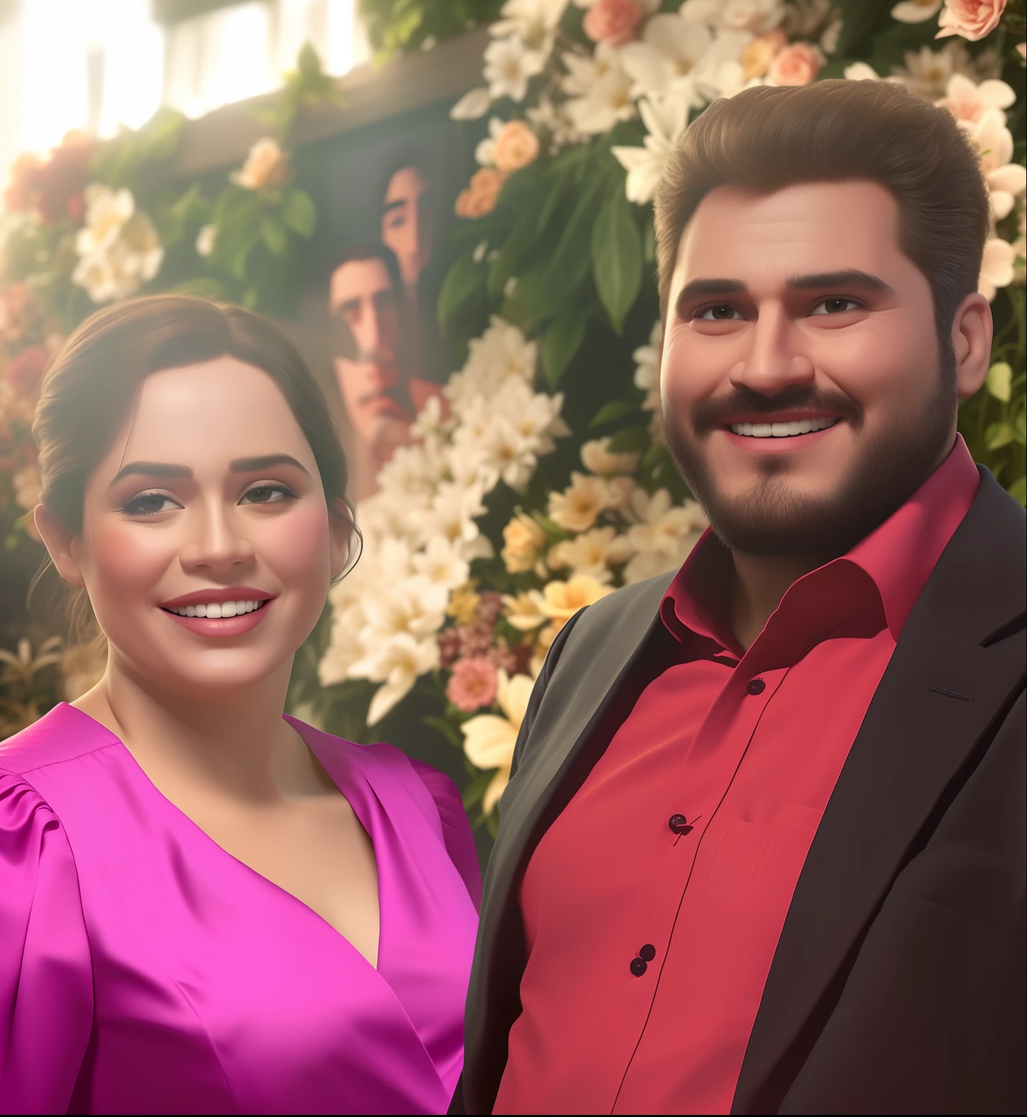 There's a man and a woman together in front of a wall of flowers, imagem de perfil, foto do perfil, taken in the early 2020s, foto de perfil, Retrato de duas pessoas, foto de perfil, medium details, Fotografia tirada em 2 0 2 0, usando um tux rosa, foto de perfil 1024px, tiradas em 2022, imagem do avatar