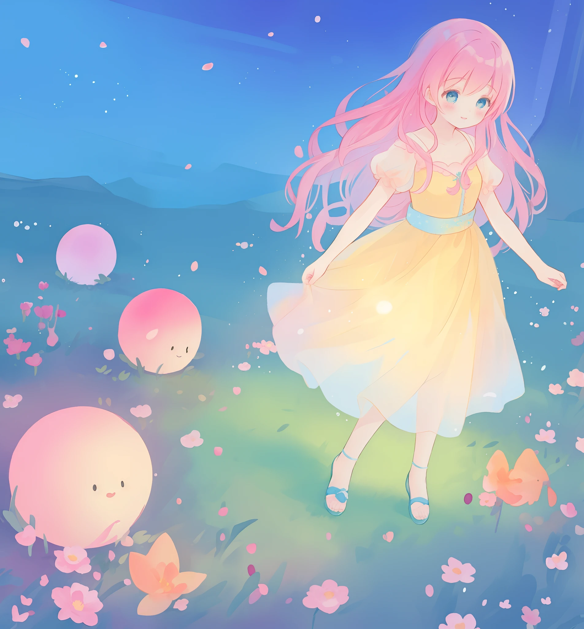 beautiful girl in puffy gradient ballgown, a field with round puffball pink flowers, otherworldly flowers, whimsical landscape, long pink flowing hair, watercolor illustration, inspired by Glen Keane, inspired by Lois van Baarle, disney art style, by Lois van Baarle, by Glen Keane, jen bartel, digital painting, beautiful digital illustration, fantasia otherworldly landscape plants flowers, beautiful, masterpiece, best quality, anime disney style