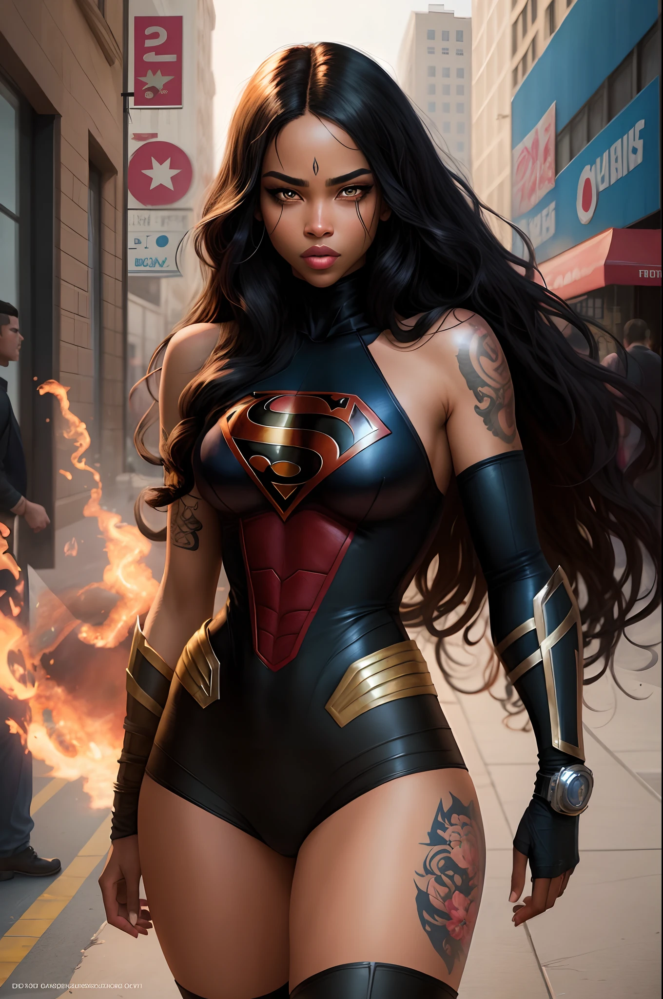 photographic portrait black girl, 35 years old,straightened hair,Chanel from nape of the neck,Supergirl, colorful and realistic round eyes, dreamy magical atmosphere, superheroine costume, (large breasts: 1.3),very tanned