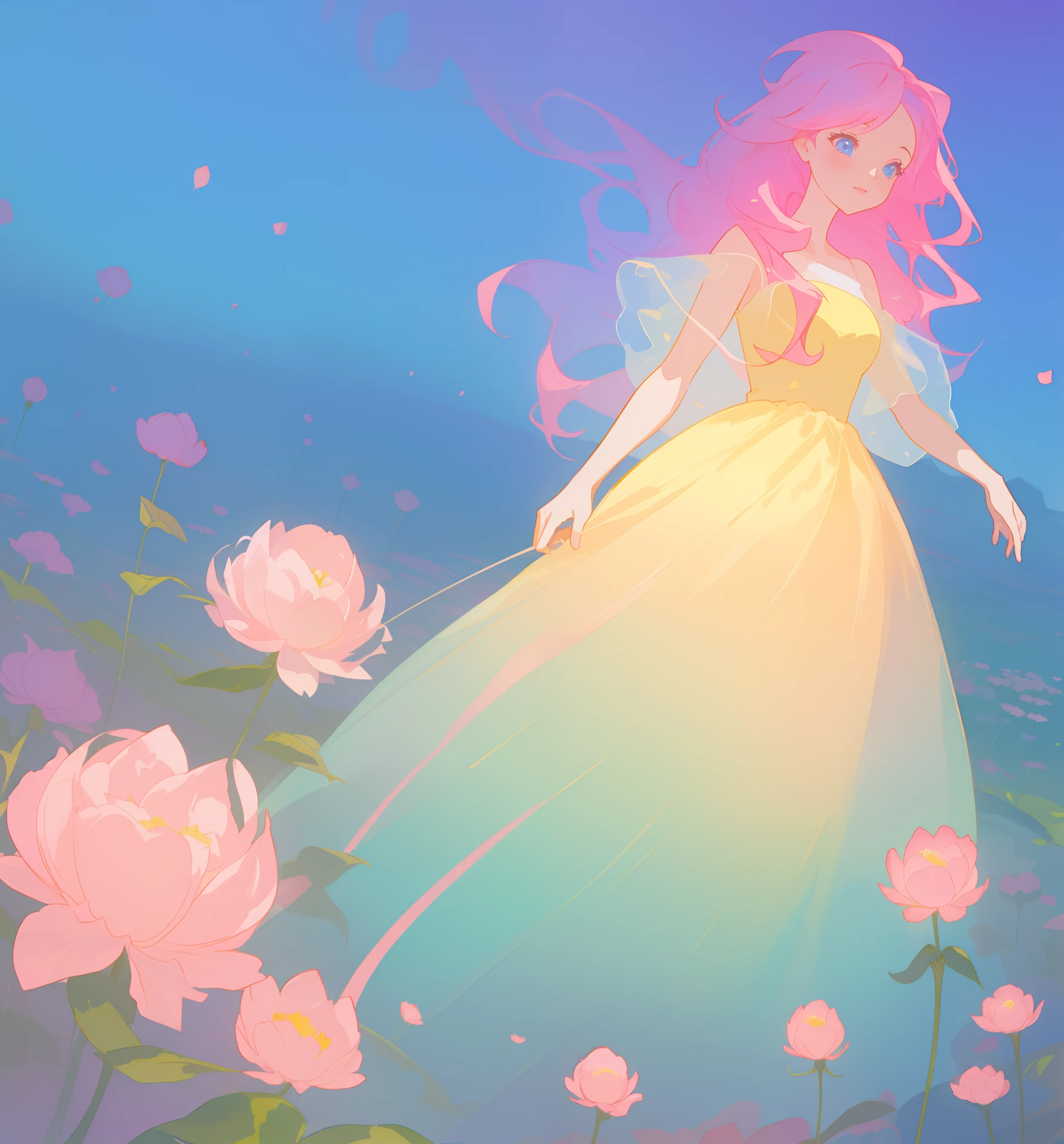 beautiful girl in puffy gradient ballgown, a field with round puffball pink flowers, otherworldly flowers, whimsical landscape, long pink flowing hair, watercolor illustration, inspired by Glen Keane, inspired by Lois van Baarle, disney art style, by Lois van Baarle, by Glen Keane, jen bartel, digital painting, beautiful digital illustration, fantasia otherworldly landscape plants flowers, beautiful, masterpiece, best quality, anime disney style