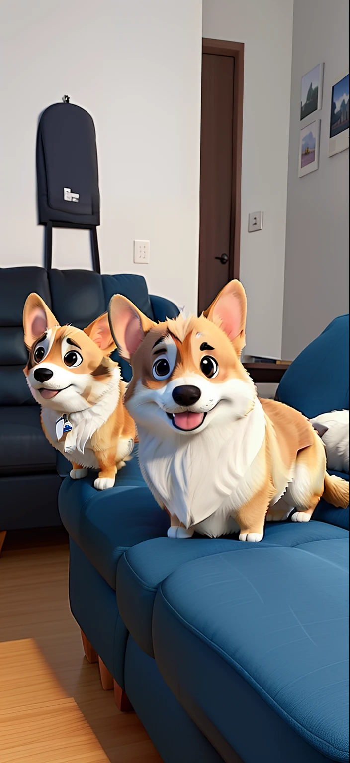 Two corgi dogs, um sendo filhote e o outro adulto, o filhote risonho, The Serious Adult, on a couch