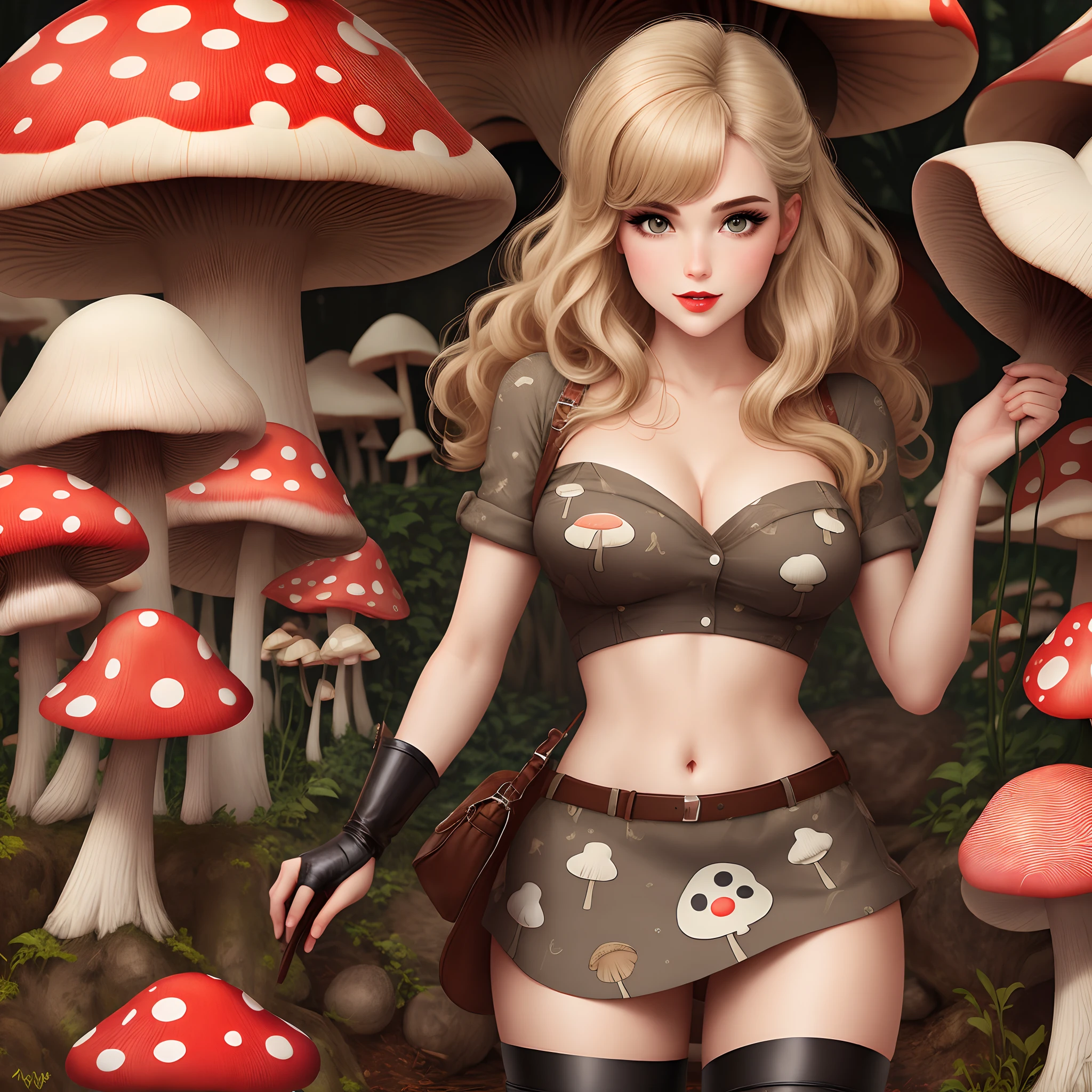 American comic-style beauty wearing a mushroom