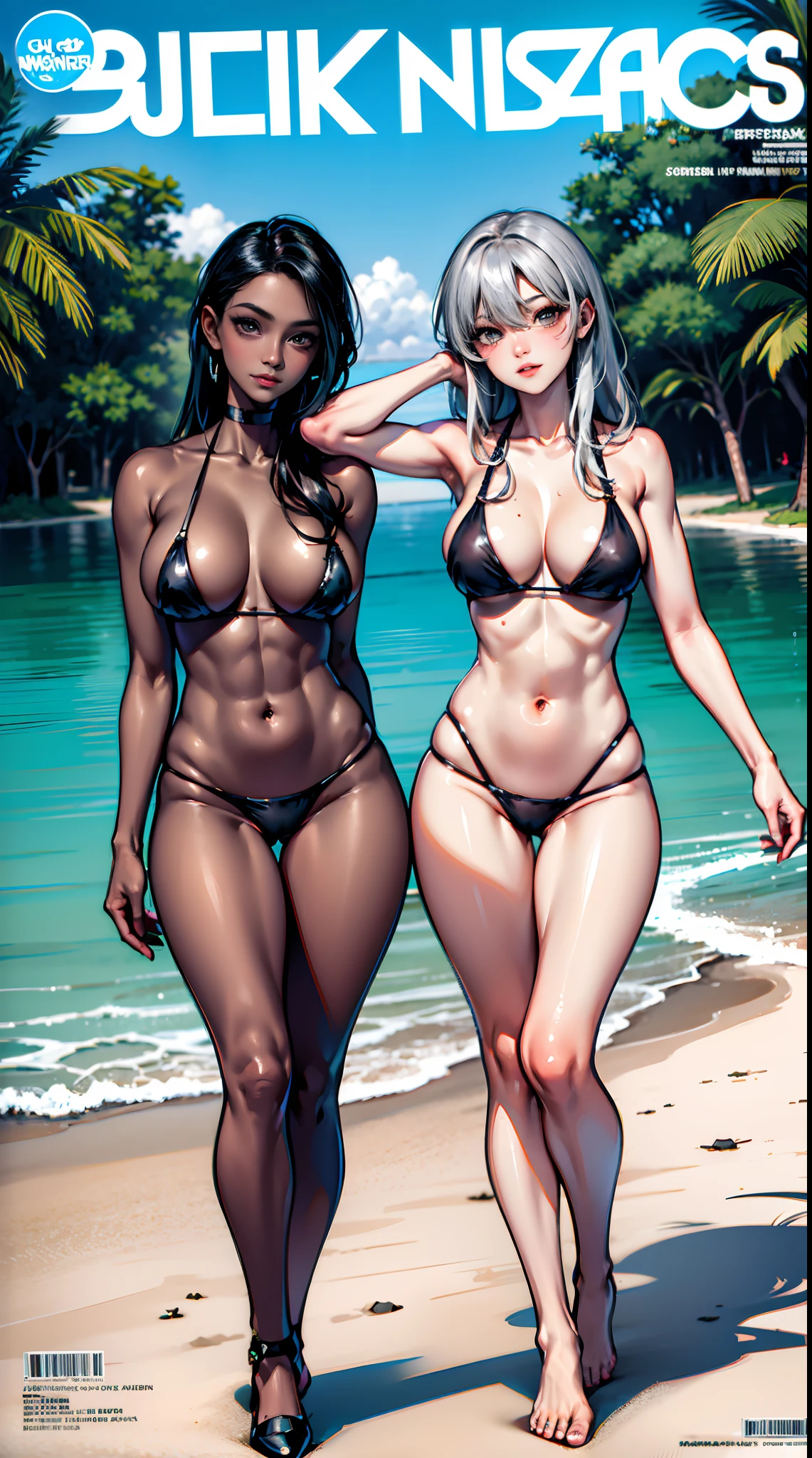 Two dark-skinned women in black and silver swimsuits pose for a group photo, realistic bikini, Sling bikini, Metal bikini, elegant bikini, Open V chest clothes, Shiny plastic bikini, in a bathing suit, monokini, Wet swimsuit, wearing two - piece swimsuit, wearing spandex bikini, swimsuit, full body shot in bikini, gorgeous bikini model, Tiny bikini, bikini model，NFSW cover，（Dark black skin 1.2，Dark skin1.2）