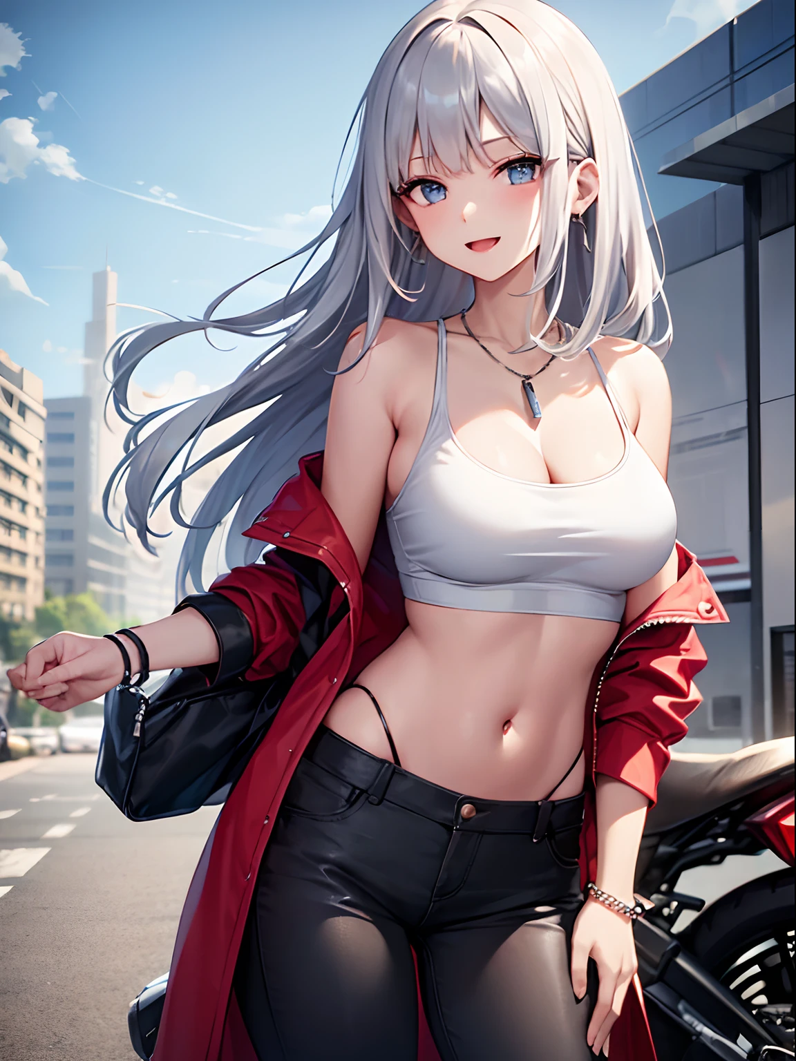 High quality, beautiful woman, mature, beautiful silver hair, medium hair, side up, large choux, bangs, Russian style beautiful woman, beautiful legs, taut beautiful breasts, taut beautiful ass, beautiful ass, light blue eyes, mole, mole under left eye, Japanese high school girl, front of building, jewelry, breasts, solo, bracelet, off the shoulder, navel, necklace, smiling, outdoors, x hair ornament, open clothing, hair ornament, viewer looking, beads, crop top, silver hair, silver hair, beaded bracelet, bare shoulders, red pants, pants, cleavage, midriff, :d, sleeveless shirt, open mouth, sleeveless, shirt, earrings, cowboy shot, black shirt, open jacket, jacket, red jacket, very long jacket, day, long sleeves, bangs, hand up, motorcycle, modified motorcycle, standing beside motorcycle, suicide suit, bad,