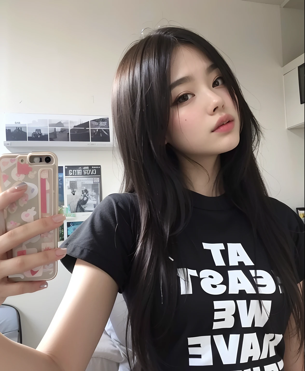 Araffe chica tomando una selfie en un dormitorio con una cama, cruel korean goth girl, Chica coreana, Asian girl with long hair, ulzzang, 18 years old, chica linda-fina-cara, Asian girl, young asian woman, young cute wan asian face, 1 6 years, Wan adorable cara coreana, beautiful asian girl, Chica china