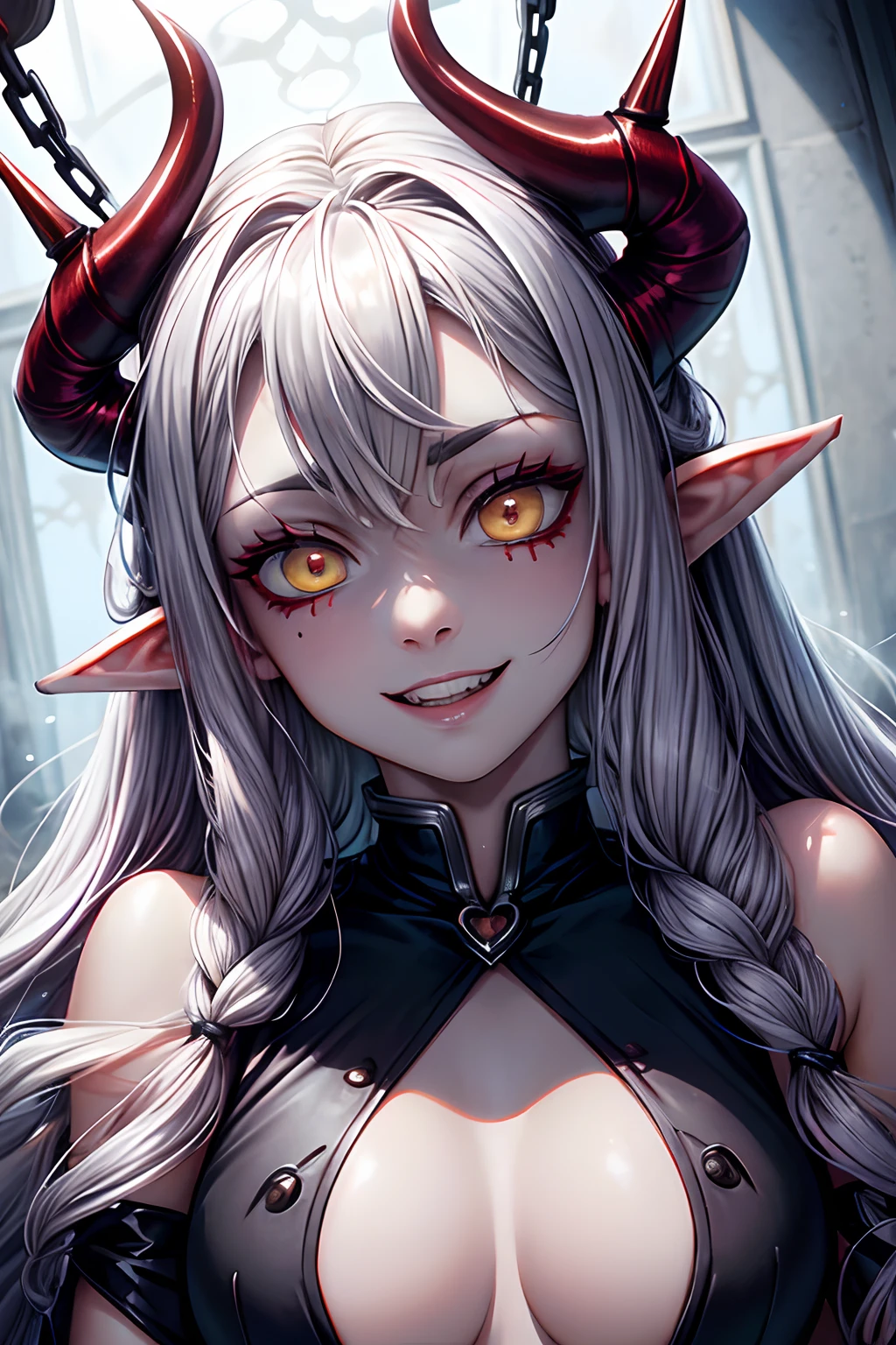Female demon with elf ears and devil horns, Long differentiated silver hair, Devil's Yellow Eyes, Vertical pupil, Mature adult face with evil and evil smile for viewers, vampire teeth, Bulky body with small breasts and bust, pale-skinned, Widow dress in black setting with chains and fog, The floor is made of red liquid, Bulky body with small breasts and bust, Silvery hair with purple locks wet with drops of this red liquid,(Yellow Devil's Eye), Bright eye, fashion realistic, Details of SYSIE High Definition, photography, Acuity, Unique 850 4, Koda850 k portrait camera, Spring F1.6, richly colored, ultra realistic textures, spectacular light texture, surreal art, Cinestil 800 fashion mechanism.