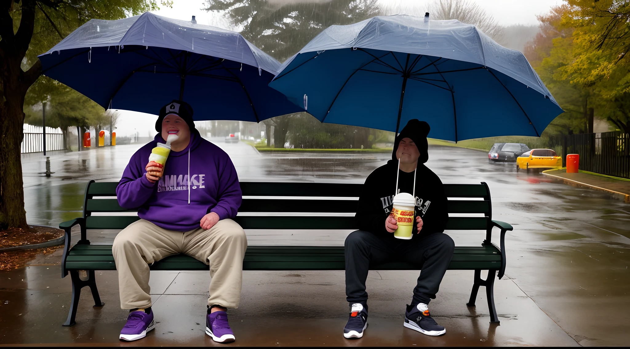 Grimace holding grimace shake will sitting on a bench while it’s raining and wearing a sweatshirt, Jordan 4’s, and a beanie