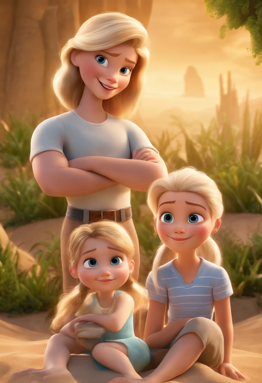 a Disney Pixar movie poster showing a white-skinned family. The father is the tallest, Tem barba curta, loiro, cabelos curtos e espinhosos. Mom has blue eyes and blond hair, - Shoulder-length and athletic body. A menina tem 13 anos e cabelos castanhos, Pink outfit and ponytails is an 11 year old blonde girl with light eyes, background is a beach garden. 3D-rendering