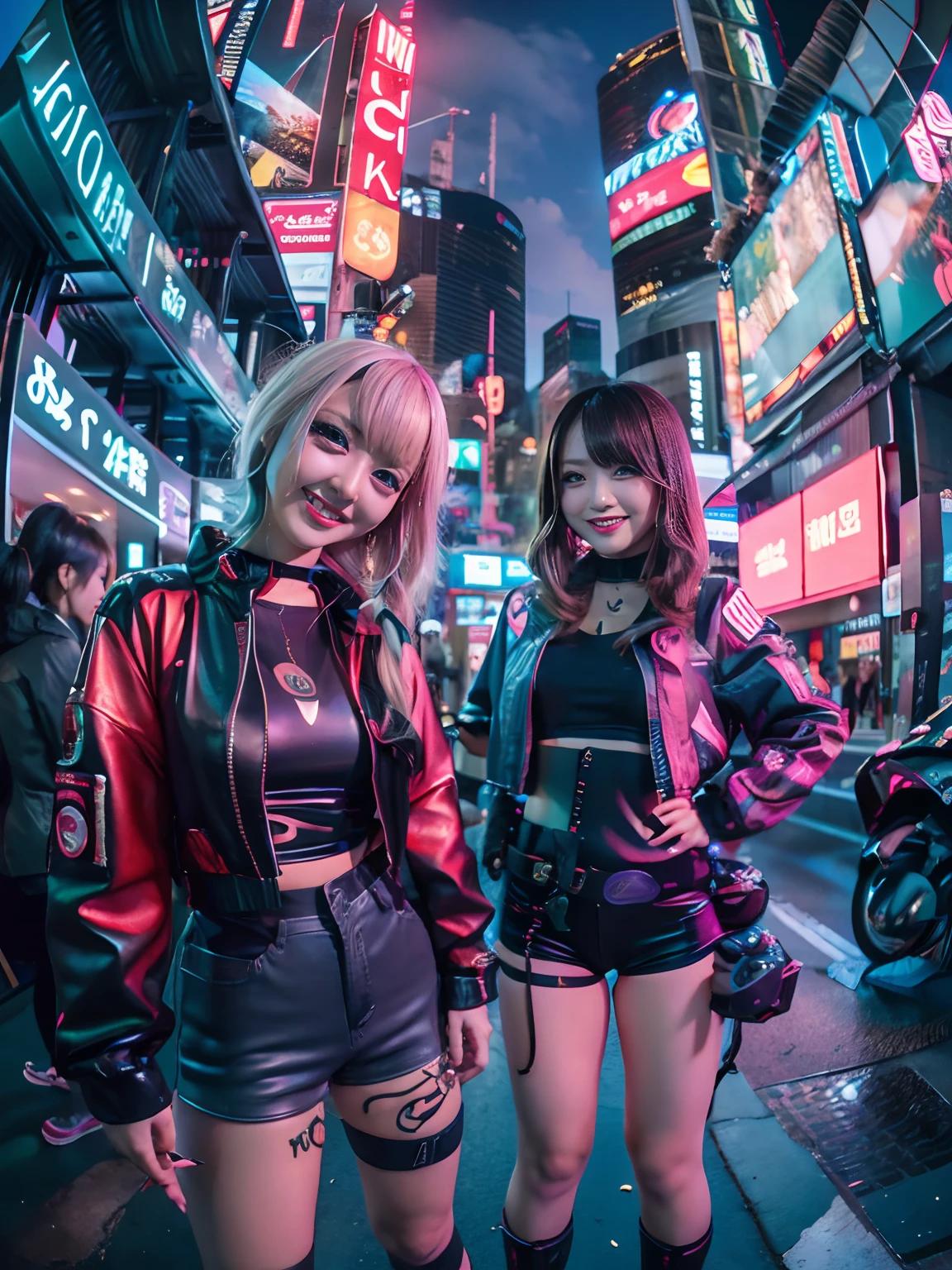 Cyberpunk style girl in colorful Harajuku costume, Accompanied by another girl. Both of them had disheveled hair、Laugh and laugh. Shooting with a fisheye lens, Perspective distortion. In the background、It depicts a bustling cyberpunk cityscape, With neon lights and futuristic buildings. Enhance the overall aesthetic and atmosphere of the image、High-quality manufacturing is required, A visually stunning masterpiece (Best Quality, 4K, masutepiece:1.2), With ultra-detailed elements. Colors should be vivid and vivid, With a cyberpunk color palette. Lighting is、It should emphasize the dynamic and electrifying atmosphere of the cyberpunk setting.
