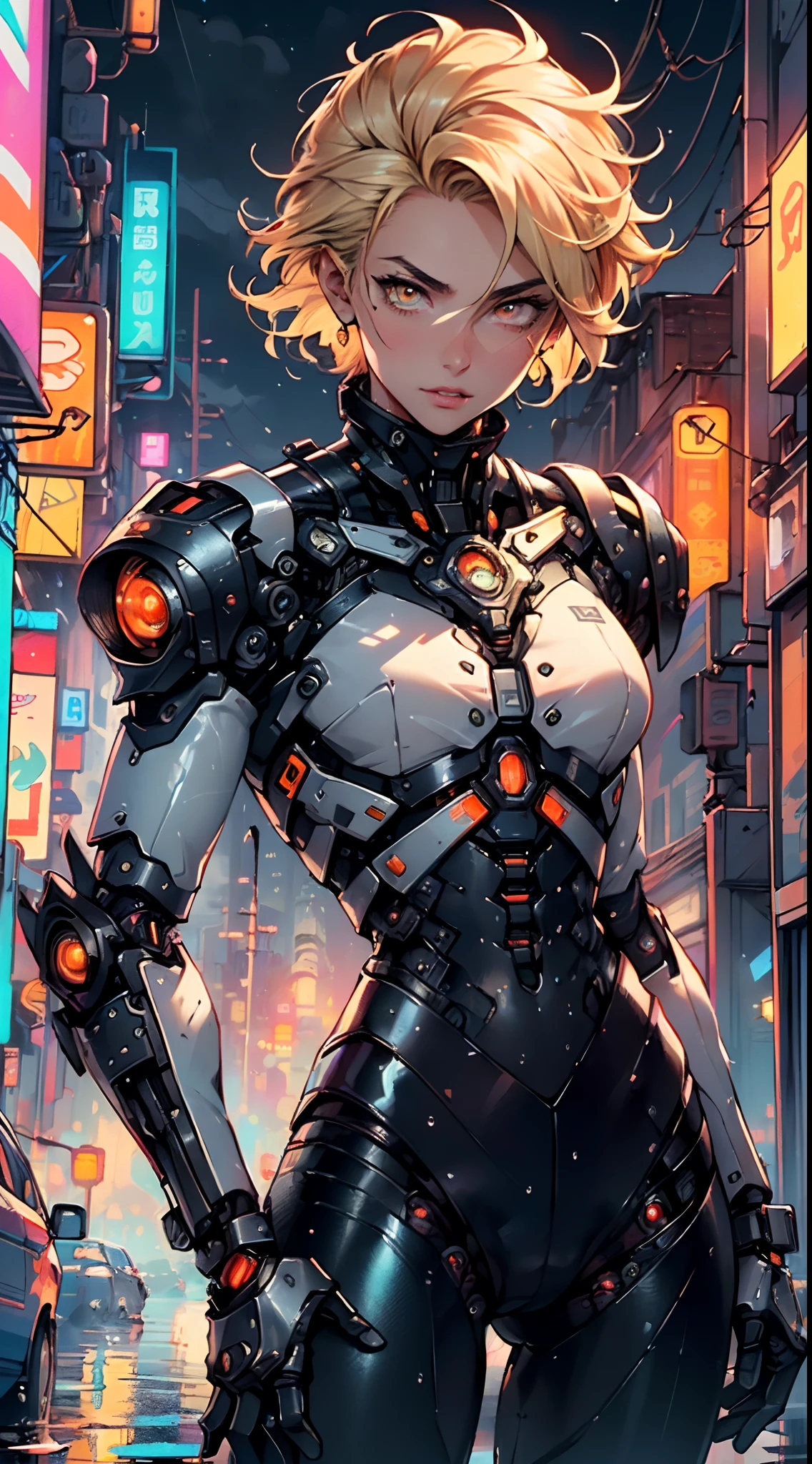 (man:1.5),1 man,archer man,(((1man))),((man with blonde short hair)),
(((1male,man:1.5,handsome man,male,male gender:1.5,male focus))),macho man,hero,
((messy hair,blonde short haircut,detailed blonde hair,highly detailed hair,blonde hair,colored inner hair)),(((lustrous skin:1.5,tanned skin,bright skin: 1.5,skin tanned,shiny skin,very shiny skin,shiny body,illuminated skin))),(((orange_eyes:1.2))),intricate eyes,beautiful detailed eyes,symmetrical eyes,((man chest)),handsome face,((muscular)),male jaw,(((detailed face))),
manly,nsfw,
cyberpunk firefighter, ((mechanical arms:1.5, bionic arms:1.5)), futuristic firefighter uniform,((bulge in pants)),((uniform in black and orange colors)),((wet clothes,intricate outfit,intricate clothes,intricate uniform)),
(dynamic pose:1.0),solo focus,((heroic attitude)),(centered,scale to fit dimensions,Rule of thirds),
cyberpunk city by the ocean at night, with bright neon signs and dark stormy clouds and puddles, scenery:1.25,starry night, cosmos,
highres, sharp focus, (ultra detailed, extremely detailed), (photorealistic artwork:1.37),(extremely detailed CG unity 8k wallpaper),((synthwave background theme)),(((vibrant colors))),(intricate background),(masterpiece),(best quality),