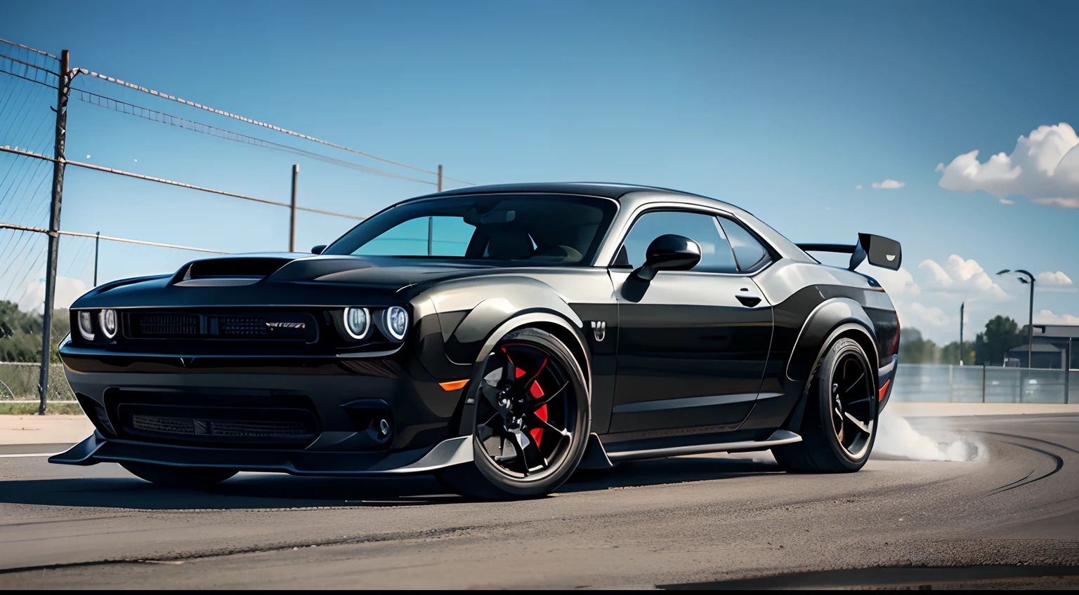 A Black Dodge Challenger Demon Redeye Scatpack, Widebody Kit, doing a burnout