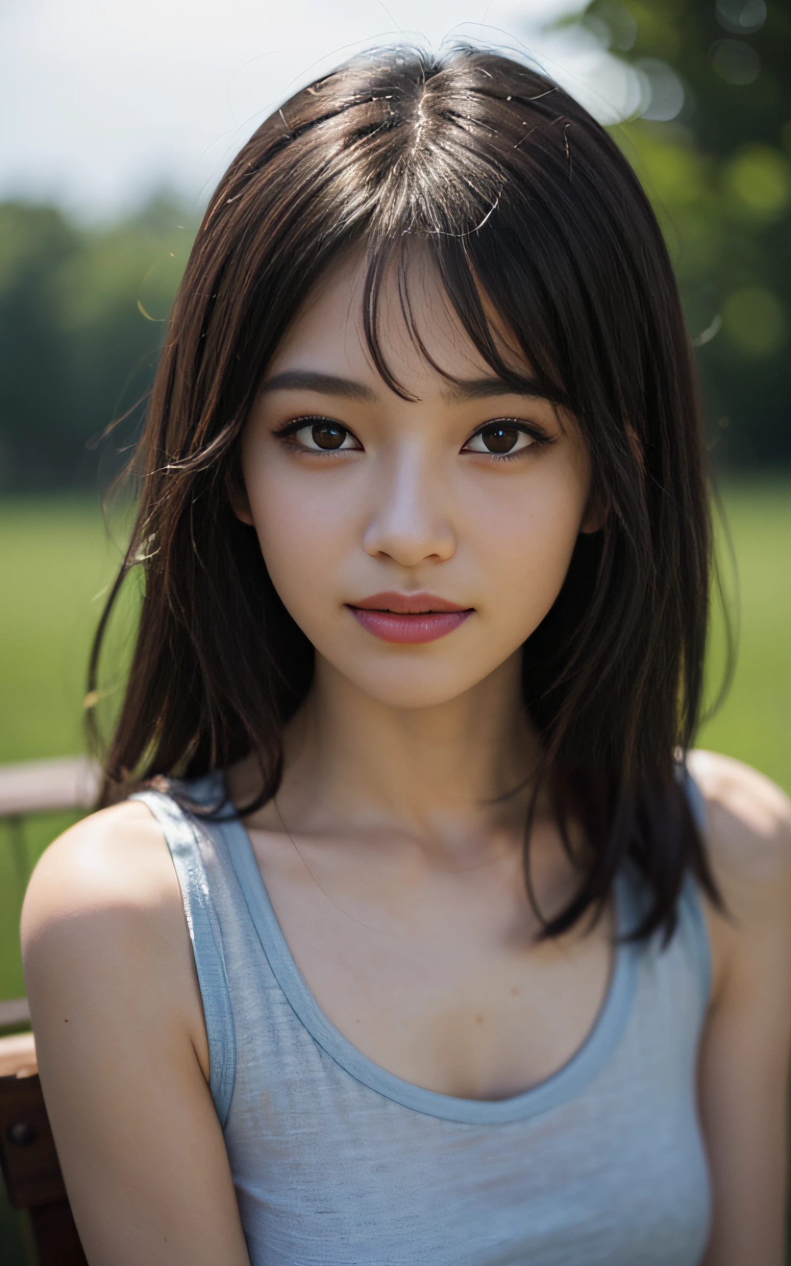 ((Best Quality, 8K, masutepiece: 1.3)), (Sharp Focus: 1.2), 1 girl, face shot, Neat and clean beauty, 20 years old, Japanese, Classy and elegant, Cute, Shy, A pretty girl with perfect figure, ((shoulder length straight hair swaying in the wind)), sad,Highly detailed face and skin texture, Detailed eyes, forest with fog