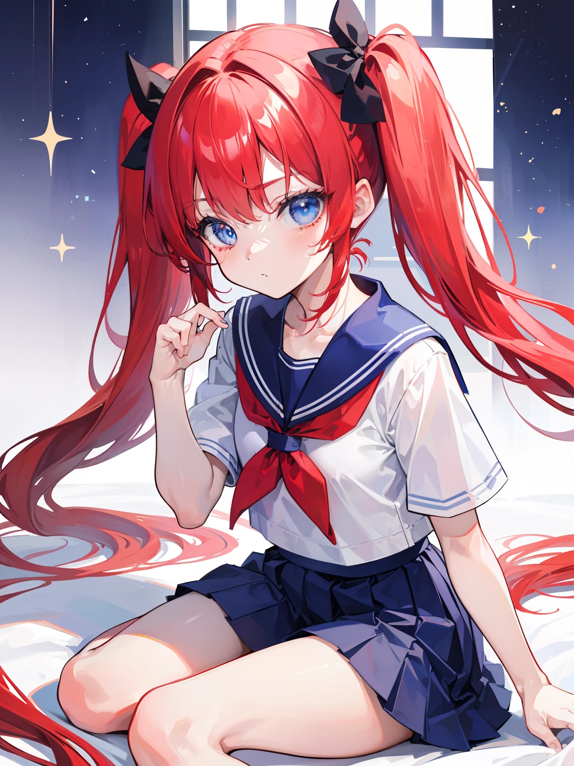 {{best quality}}, {{masterpiece}}, {{ultra-detailed}}, {illustration}, {detailed light}, red hair, blue eyes, twintails, Sailor suit,Pleated skirt,cute face,loli,little girl,