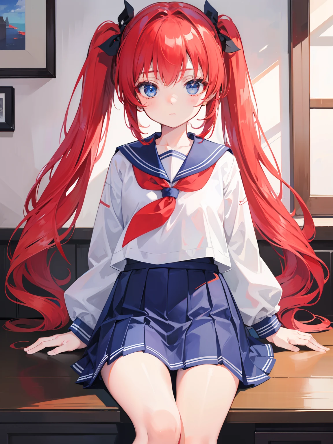{{best quality}}, {{masterpiece}}, {{ultra-detailed}}, {illustration}, {detailed light}, red hair, blue eyes, twintails, Sailor suit,Pleated skirt,cute face,loli,little girl,