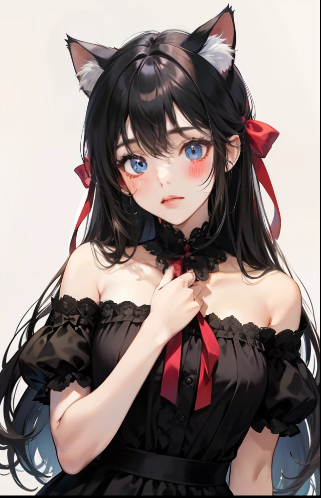 girl with、Background white、without background、Black hair、The long-haired、with blush cheeks、Embarrassing、Black dress、cat ear、frilld、bow ribbon、kawaii、without background