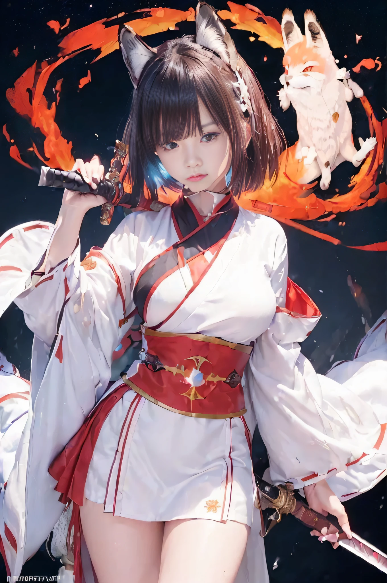 RAW image quality,8K分辨率,Ultra-detailed CG images, masutepiece, Ultra-detailed, Female samurai dressed in a bewitching white costume, Short black hair, cleavage of the breast, (Fox face:1.4)、captivating blue eyes, (holding a long sword:1.4), katanas, (Sloppy Priestess Costume:1.4), Fiery background,(((The moment when you pull out your sword and wield it:1.4))), Brilliant sword muscles that emit light,