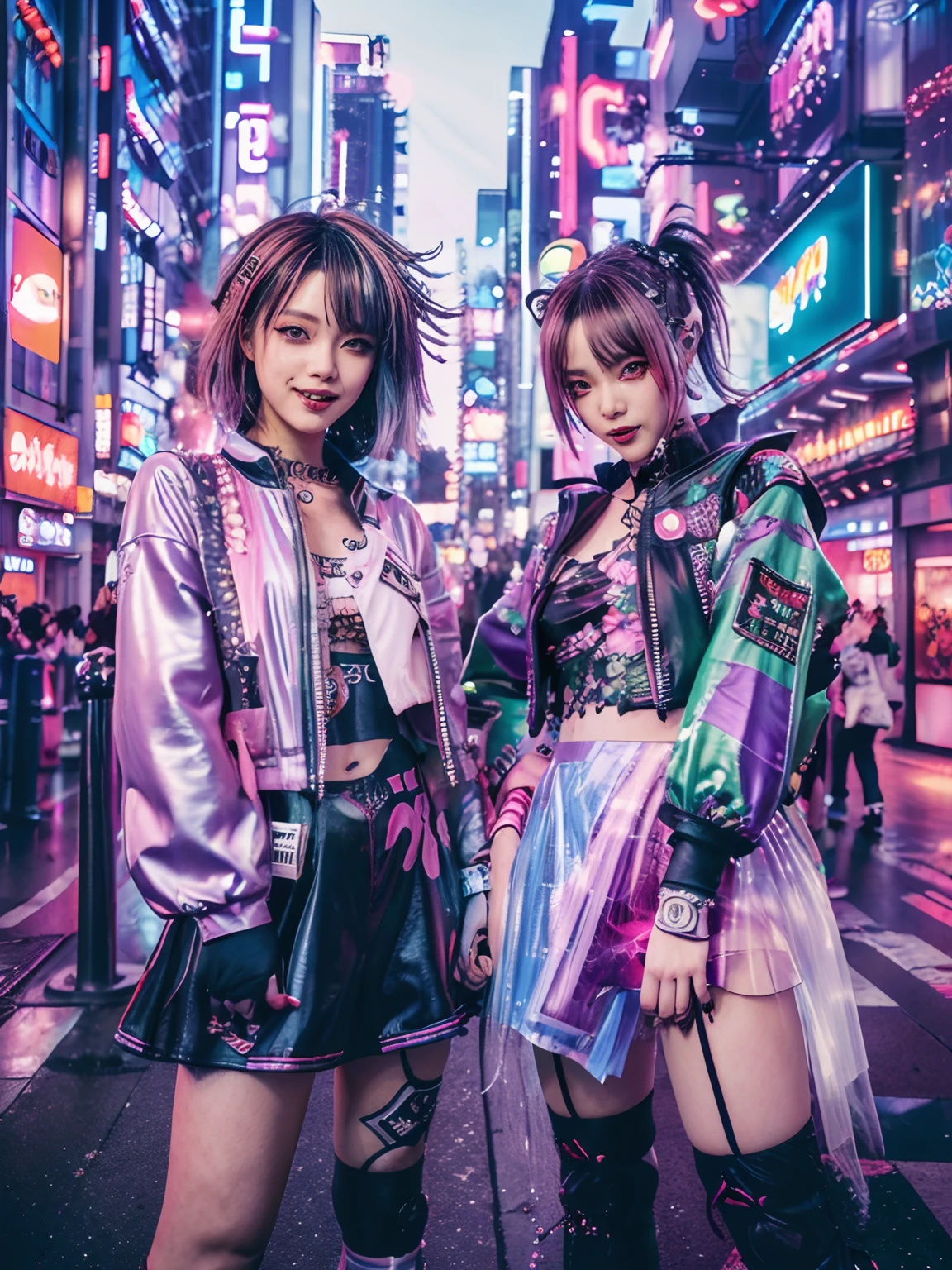 ((Two cyberpunk girls in Harajuku-style pop outfits)), ((fish-eye lens)), Cowboy Shot, Wind, hair messy, Cyberpunk cityscape, (Aesthetics and atmosphere:1.2), Smiling, Laughing