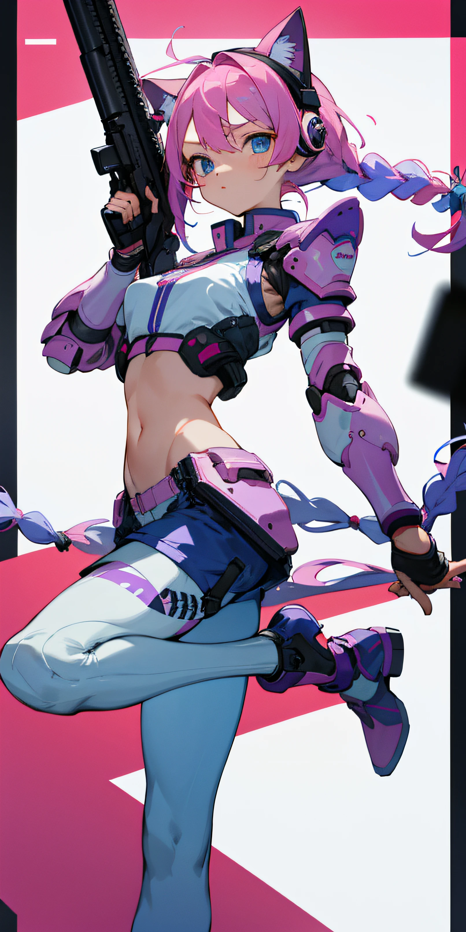 (masterpiece, best quality),1girl with braided hair, 2 braids, short braids, pink hair, blue hair, stand at a 3/4 corner, one leg bent, one leg stretched, straight looking, hand take a gun, white and purple gun, wearing cat headphone, microphone, midriffs, light armor, sci-fi outfit, detached sleeves, short pants, anime girl, blue eyes