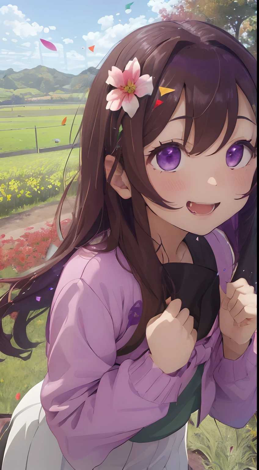Green steppe,flower field,cosmos,fluffy hair,Multiple people,A dark-haired,white, brown, Purple, Light blue, and pinks,Autumn outfit,Bukabuka Long Sleeve Clothing,I'm glad I was able to jump as much as I could.,huge smile,I'm glad to drool,AHE Face,My face turns bright red with embarrassment,Chest is shaking,Banzai pose with hands raised,Confetti,omatsuri