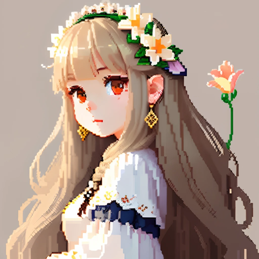 She was dressed like an ornate jewel,large earring、Lots of flowers、 Costume in gothic white and colorful floral decoration、Girl with long hair in a dull light brown color、Look back and look at this.、Pixel art、Pixel Art Illustration、pixels、Plain background、Upper body、For icons、pixels_Art Book,Composition centered on the face、Lily flower headdress、Katyusha、pixels、Game-style illustration、Pixel art、pixels、without background、The background is one color beige、pixels