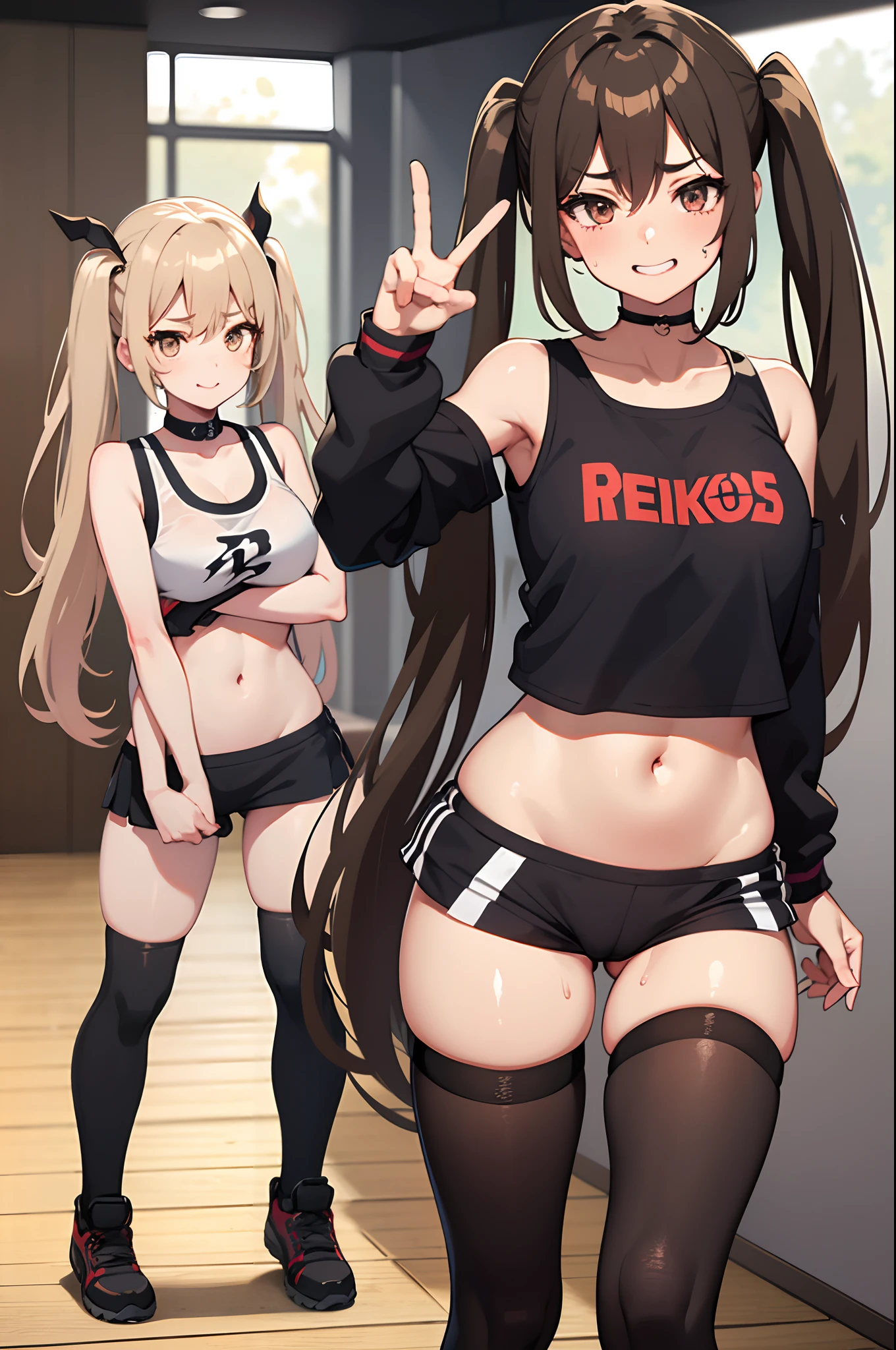 girl, Young, long high twintail hair, Brown eyes, brown hair, pale skin, anime, collarbone, choker, sweat, smiling, red iris, double peace sign, thighs, navel, cameltoe, embarassed face, sports bra, miniskirt, thigh highs, gym