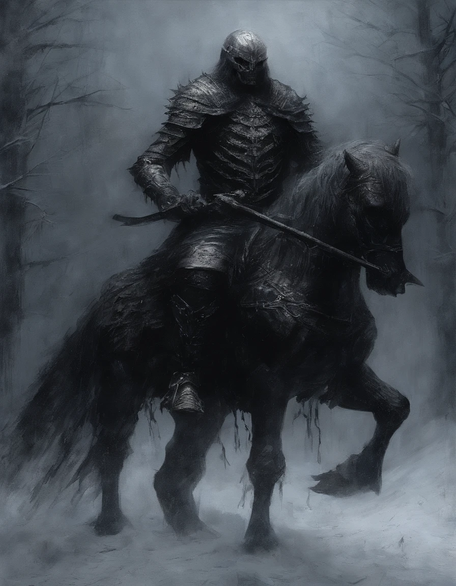 Crie uma pintura impressionista de um cavaleiro guerreiro assustador usando uma armadura negra com detalhes roxos, neve, cosmic ashes, Fogo, artistic, intrincado, manoplas de metal