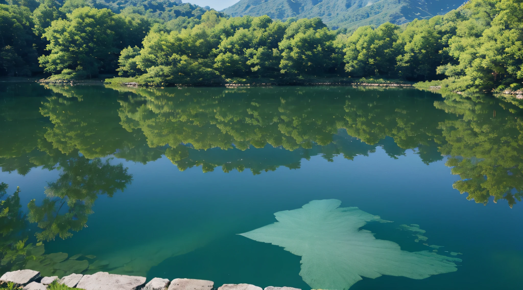 The lake is quiet,Like an infinite piece of jadeite shimmering with a beautiful luster。