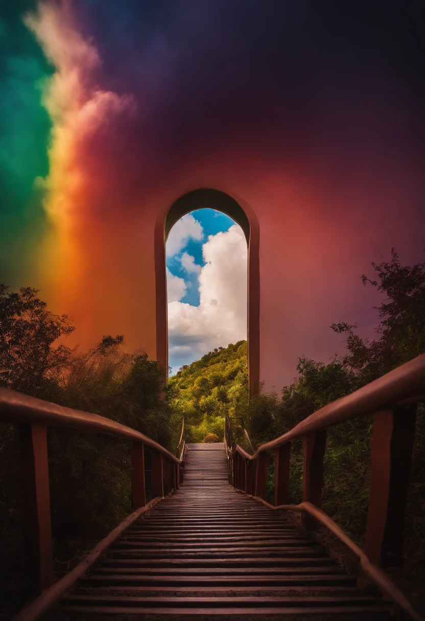 Close-up of the staircase leading to the rainbow sky, A colorful staircase to heaven. The sky was covered with rainbow-colored clouds. This staircase leads from hell to heaven, Reflecting the colors of heaven. Rainbow clouds take you to the colorful sky. The road is known as the Rainbow Trail, Looks like rainbow-colored eyes. The scene is full of beautiful colors, colorfull sky, Irridescent color, Heaven, psychedelic sky, colorful image, And great colors.