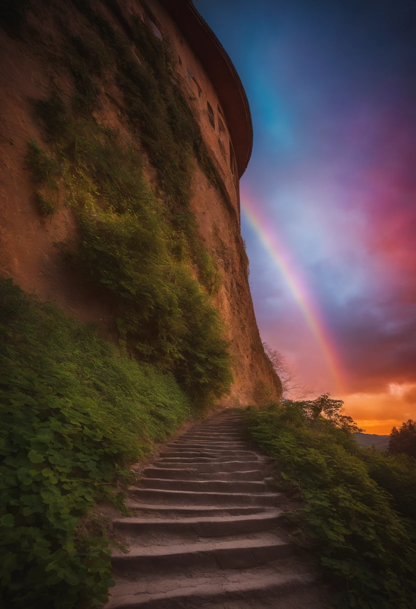 Close-up of the staircase leading to the rainbow sky, A colorful staircase to heaven. The sky was covered with rainbow-colored clouds. This staircase leads from hell to heaven, Reflecting the colors of heaven. Rainbow clouds take you to the colorful sky. The road is known as the Rainbow Trail, Looks like rainbow-colored eyes. The scene is full of beautiful colors, colorfull sky, Irridescent color, Heaven, psychedelic sky, colorful image, And great colors.