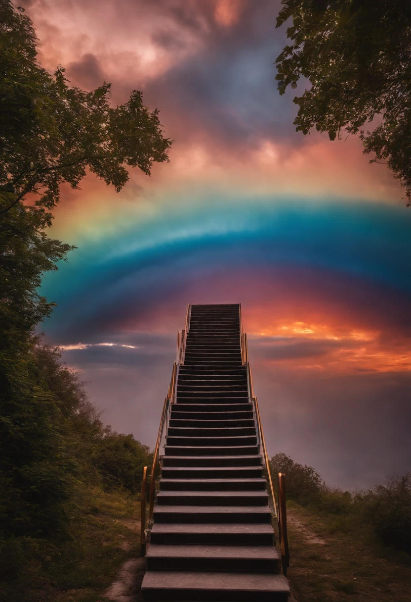Close-up of the staircase leading to the rainbow sky, A colorful staircase to heaven. The sky was covered with rainbow-colored clouds. This staircase leads from hell to heaven, Reflecting the colors of heaven. Rainbow clouds take you to the colorful sky. The road is known as the Rainbow Trail, Looks like rainbow-colored eyes. The scene is full of beautiful colors, colorfull sky, Irridescent color, Heaven, psychedelic sky, colorful image, And great colors.