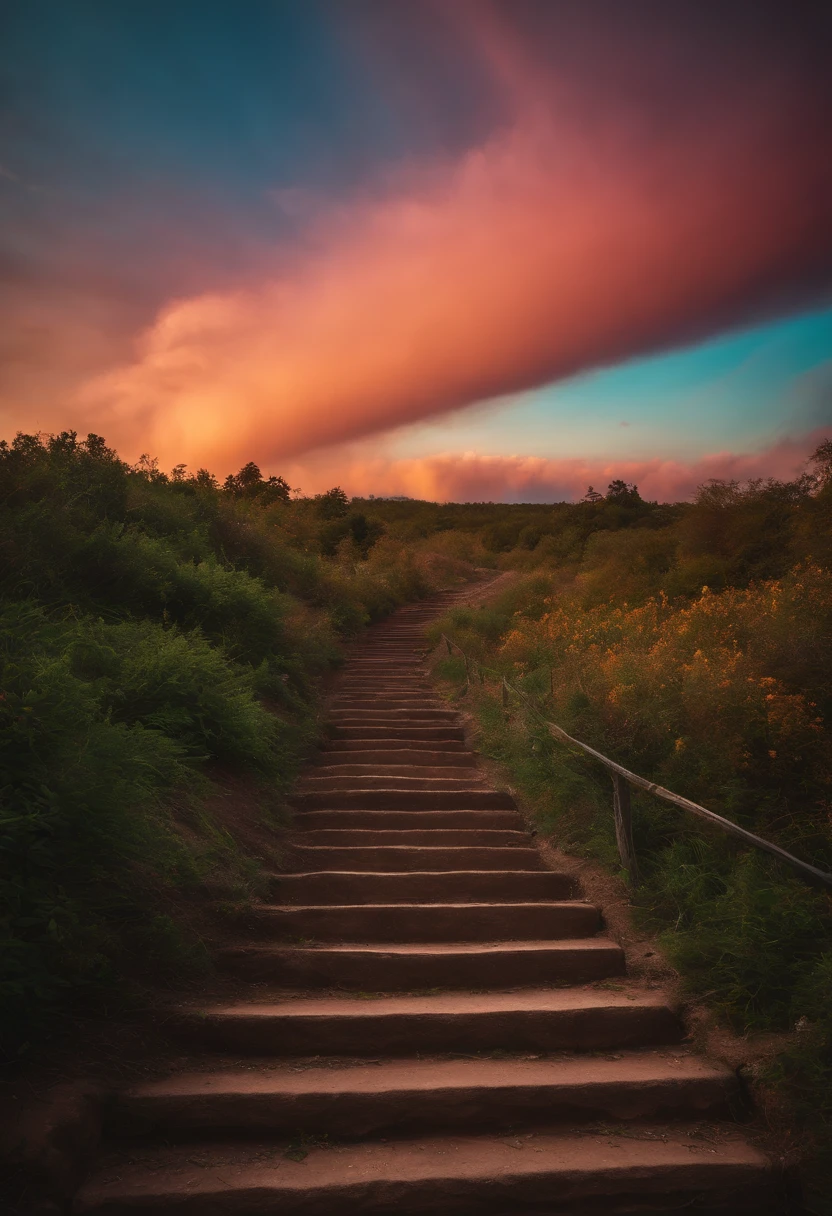 Close-up of the staircase leading to the rainbow sky, A colorful staircase to heaven. The sky was covered with rainbow-colored clouds. This staircase leads from hell to heaven, Reflecting the colors of heaven. Rainbow clouds take you to the colorful sky. The road is known as the Rainbow Trail, Looks like rainbow-colored eyes. The scene is full of beautiful colors, colorfull sky, Irridescent color, Heaven, psychedelic sky, colorful image, And great colors.