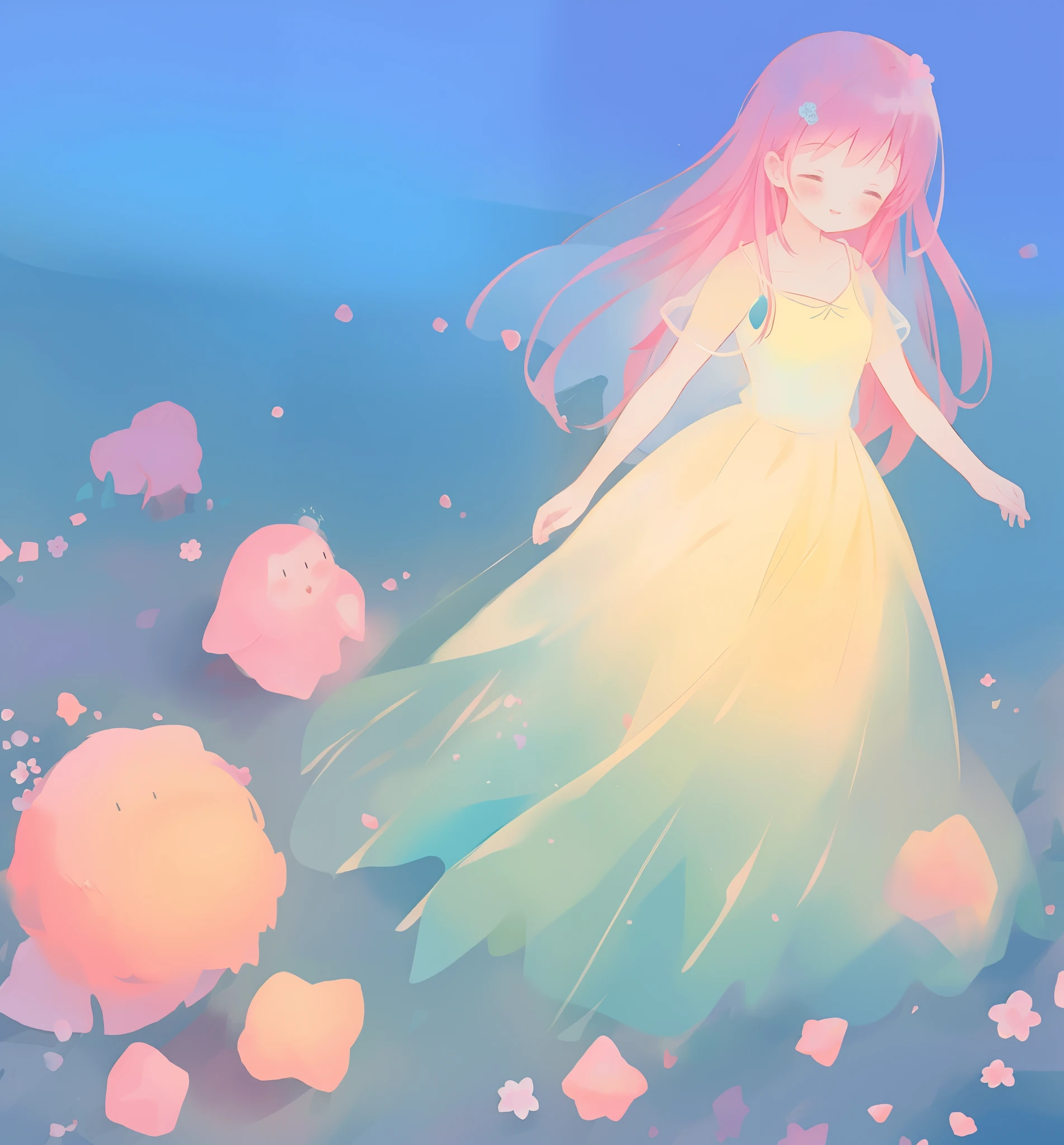 beautiful girl in puffy gradient ballgown, a field with round puffball pink flowers, otherworldly flowers, whimsical landscape, long pink flowing hair, watercolor illustration, inspired by Glen Keane, inspired by Lois van Baarle, disney art style, by Lois van Baarle, by Glen Keane, jen bartel, digital painting, beautiful digital illustration, fantasia otherworldly landscape plants flowers, beautiful, masterpiece, best quality, anime disney style
