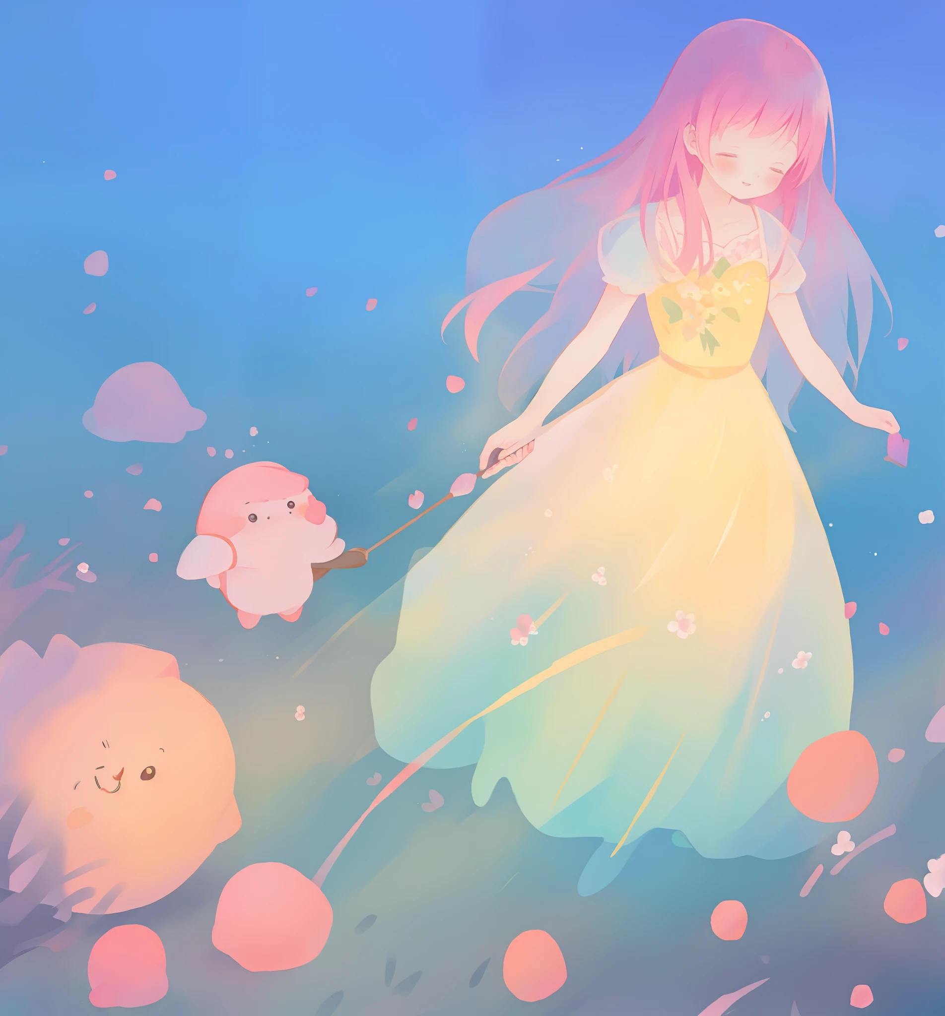 beautiful girl in puffy gradient ballgown, a field with round puffball pink flowers, otherworldly flowers, whimsical landscape, long pink flowing hair, watercolor illustration, inspired by Glen Keane, inspired by Lois van Baarle, disney art style, by Lois van Baarle, by Glen Keane, jen bartel, digital painting, beautiful digital illustration, fantasia otherworldly landscape plants flowers, beautiful, masterpiece, best quality, anime disney style