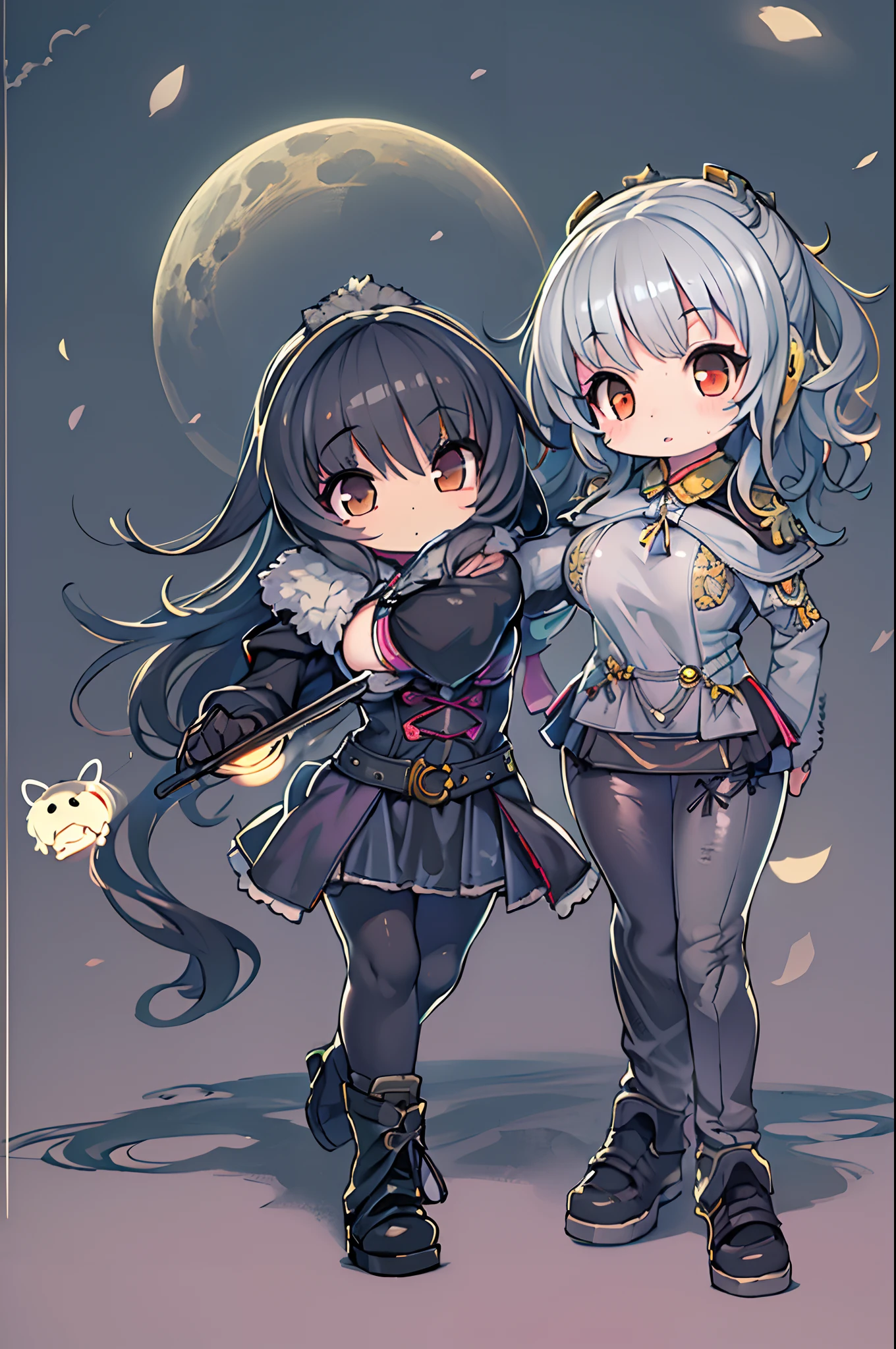masutepiece, Great fashion, (Fashion Costumes), (Illustration), (2 people),(2girls:1.3) 、-yeld yo couple, lesbian、Girls to girls、(Russian mil style), Fashion, Silver hair, (Long hair), (hair messy), (White skin), (dark circles), Handsome, Dance Steps, trending, dark gray,, close up, (grand background), (Chiaroscuro)), Fine facial details, Facial details, Cinematic lighting, (depth of fields), nffsw, (Upper body), Black background、(Chibi:1.5),Anime style,Under the full moon、