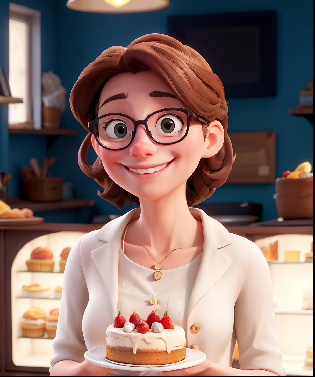 white woman with glasses, smiling, holding a cake