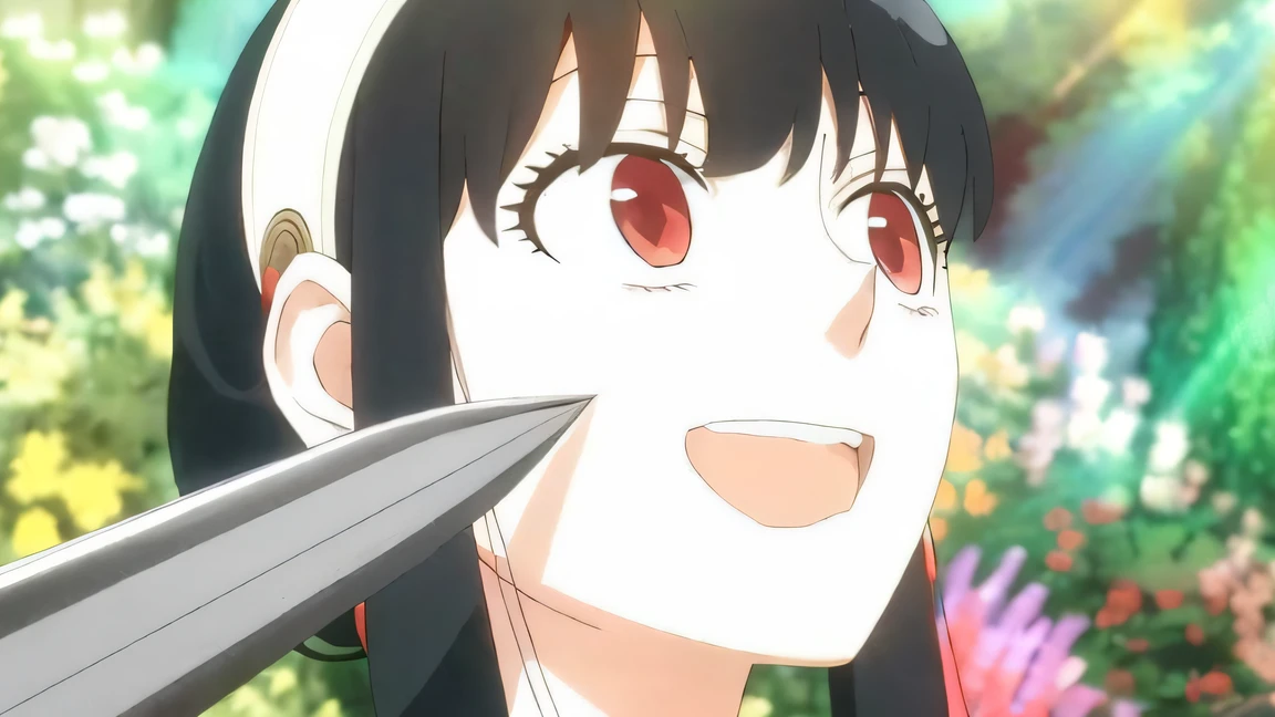 Anime girl with black hair and red eyes holding scissors, Anime visuals of cute girls, closeup Iwakura Lain, anime visual of a young woman, today's featured anime still, shuushuu anime image, anime still image, anime still, close up of iwakura lain, Hinata Hyuga, black hime-cut hair