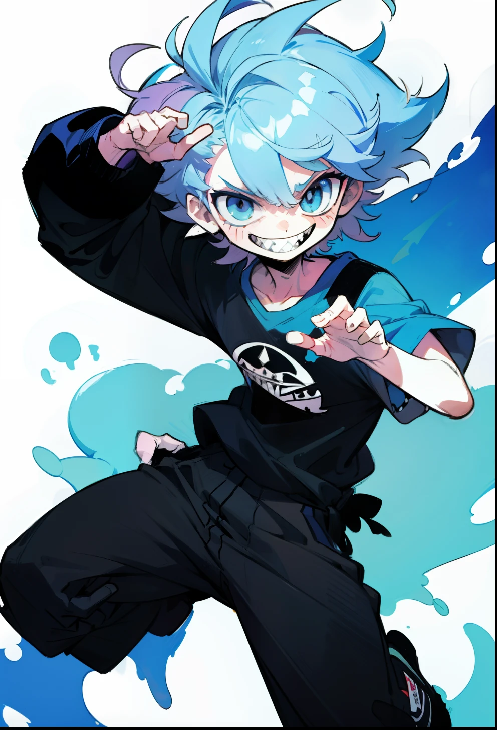 Pastel blue messy hair boy, 1boy, rizz smile face sharp teeth, Reebok Clothing, bright colors