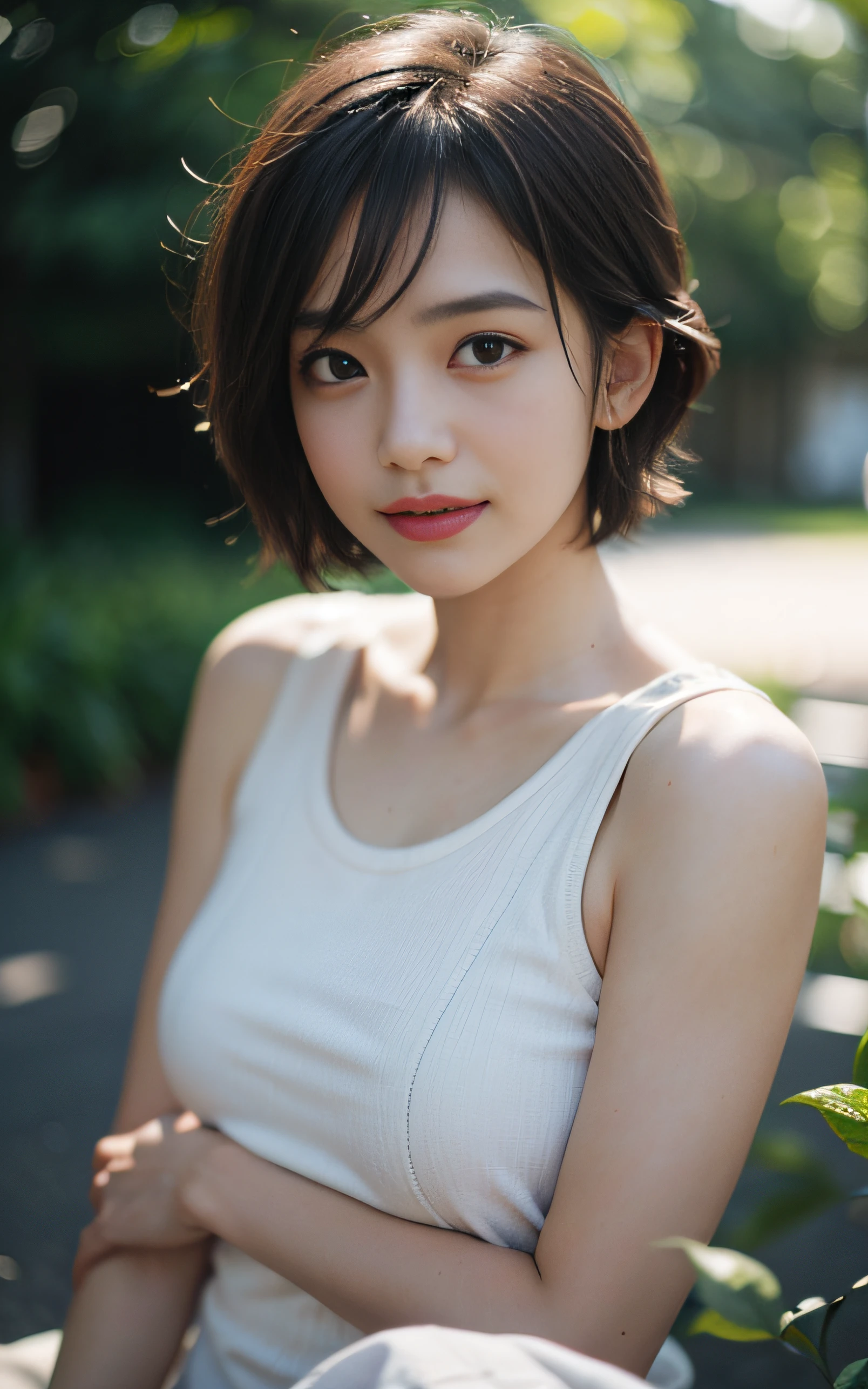 NSFW:1.5,((highest quality、8K resolution、master masterpiece、portrait:1.3)), Photoreal, 35mm film, 1 Japanese female, Upper body,Beautiful woman, on the street during the day, wrinkles around the eyes, plump body,pixie cut_boyish,smile,((sexy micro fancy lingerie:1.3)) , (outdoors:city street 1.3), jumbled background,look at the audience,Tokyo cityscape:1.3