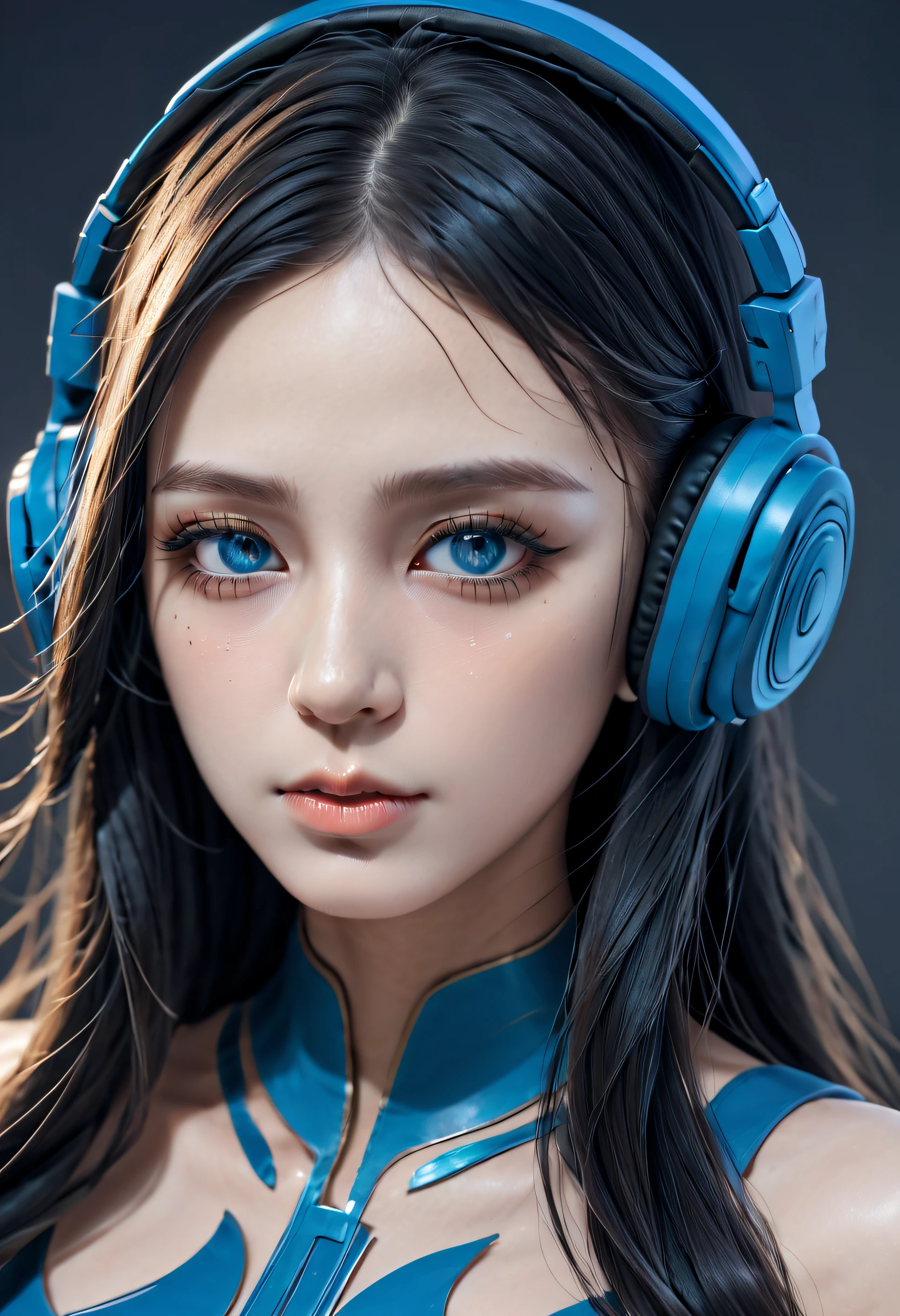 girl with long blue hair, blue eyes, futuristic vibes, mask on mouth, headphones, 8k, high quality, simple background, glowing eyes, nice pose