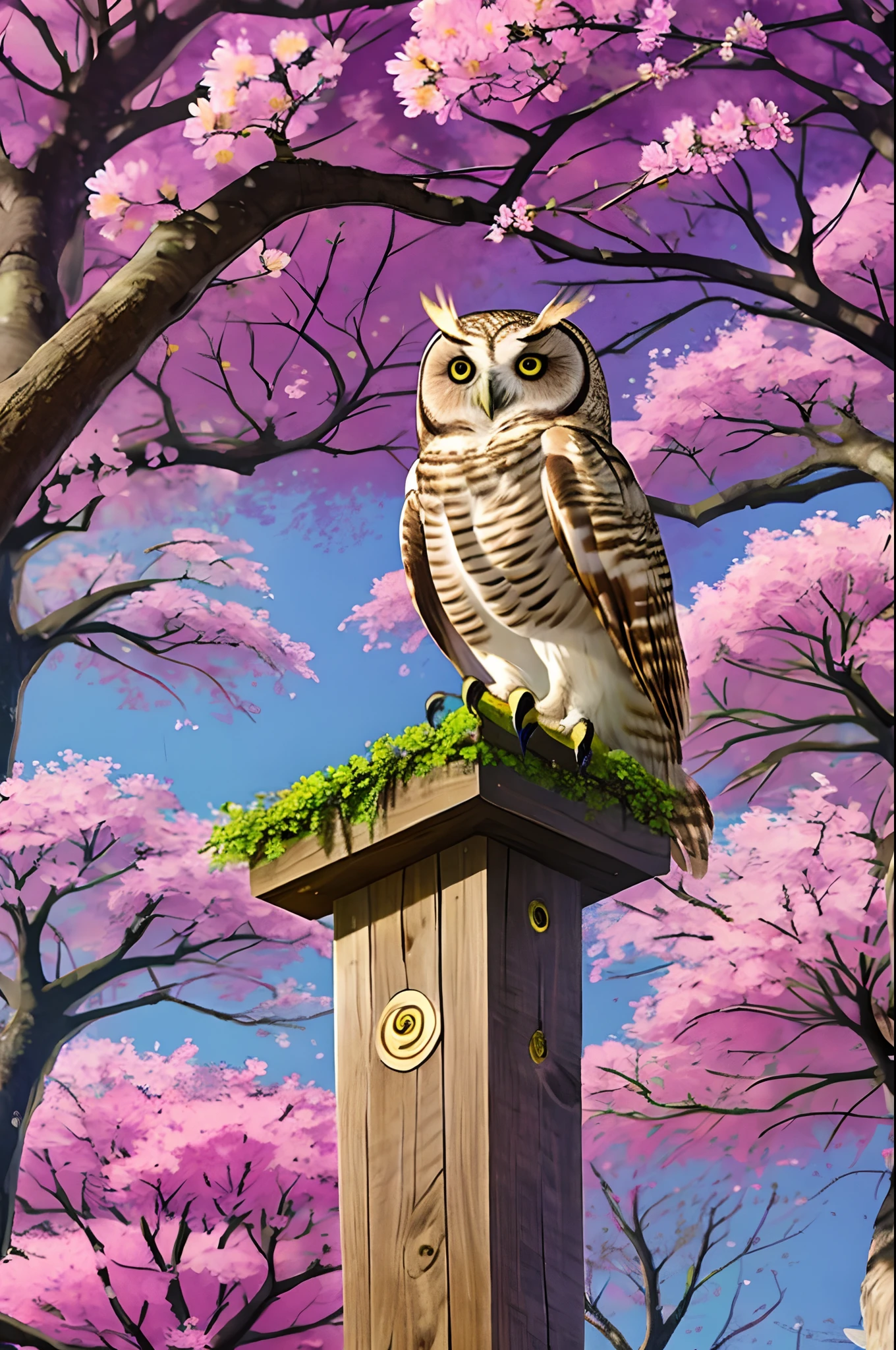 an Owl, flowers, trees