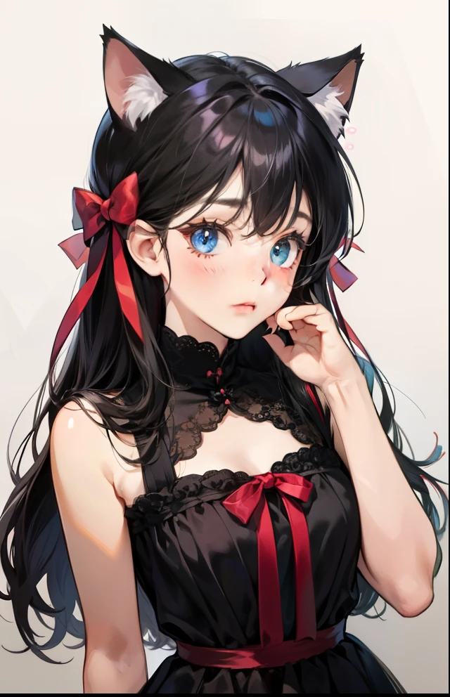 girl with、Background white、without background、Black hair、The long-haired、with blush cheeks、Embarrassing、Black dress、cat ear、frilld、bow ribbon、kawaii、without background