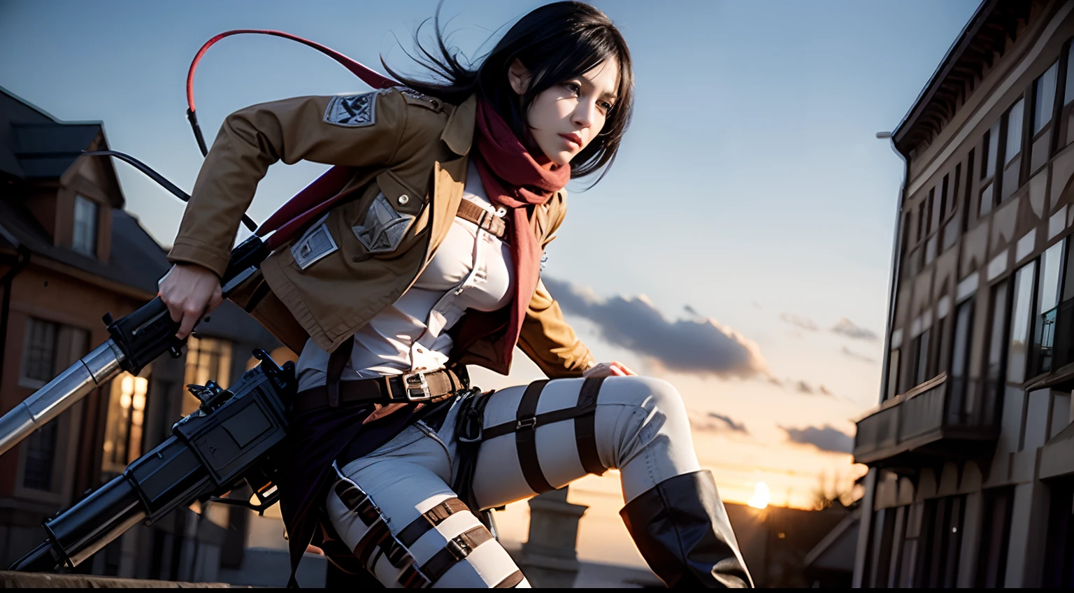 mikasa_ackerman, scarf, jacket, thigh strap, paradis military uniform, belt, emblem, three-dimensional maneuver gear, red scarf, boots, dual wielding, training corps (emblem)